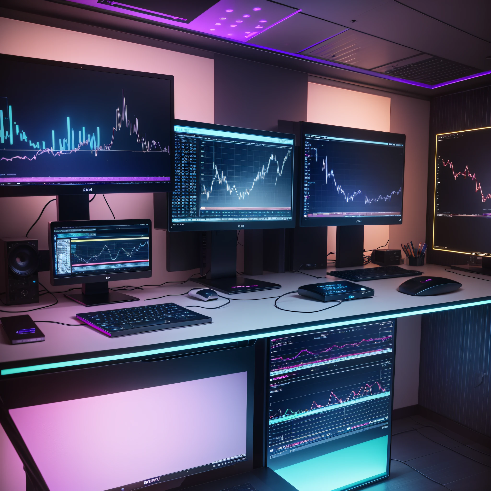 and a desk with two monitors

A room illuminated with RGB LED lights, one computed for stock market analysis (trade) and a table with two monitors for viewing charts --auto --s2