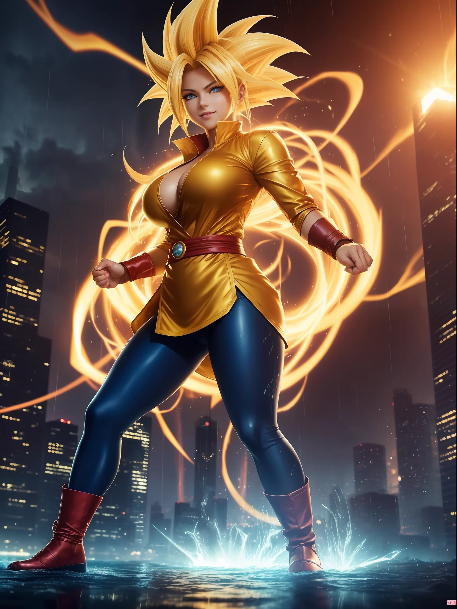 ((Full body photo, feet on the ground, straight body)), ((Laura/woman, big breasts)), {transformed into Super Saiyan} wearing Goku's costume/extremely tight on the body, emanating golden magic aura circling furiously around the body. Background, city completely destroyed at night raining hard. She has {blue eyes, very short golden hair} her hair, face and her clothes are soaked in water, She is staring at the viewer, smiling, fists clenched, concentrating magical aura, in attack pose. High detail, anime, 16k, UHD, retina, retina, ccurate, anatomically correct, textured skin, super detail, high quality, award winning