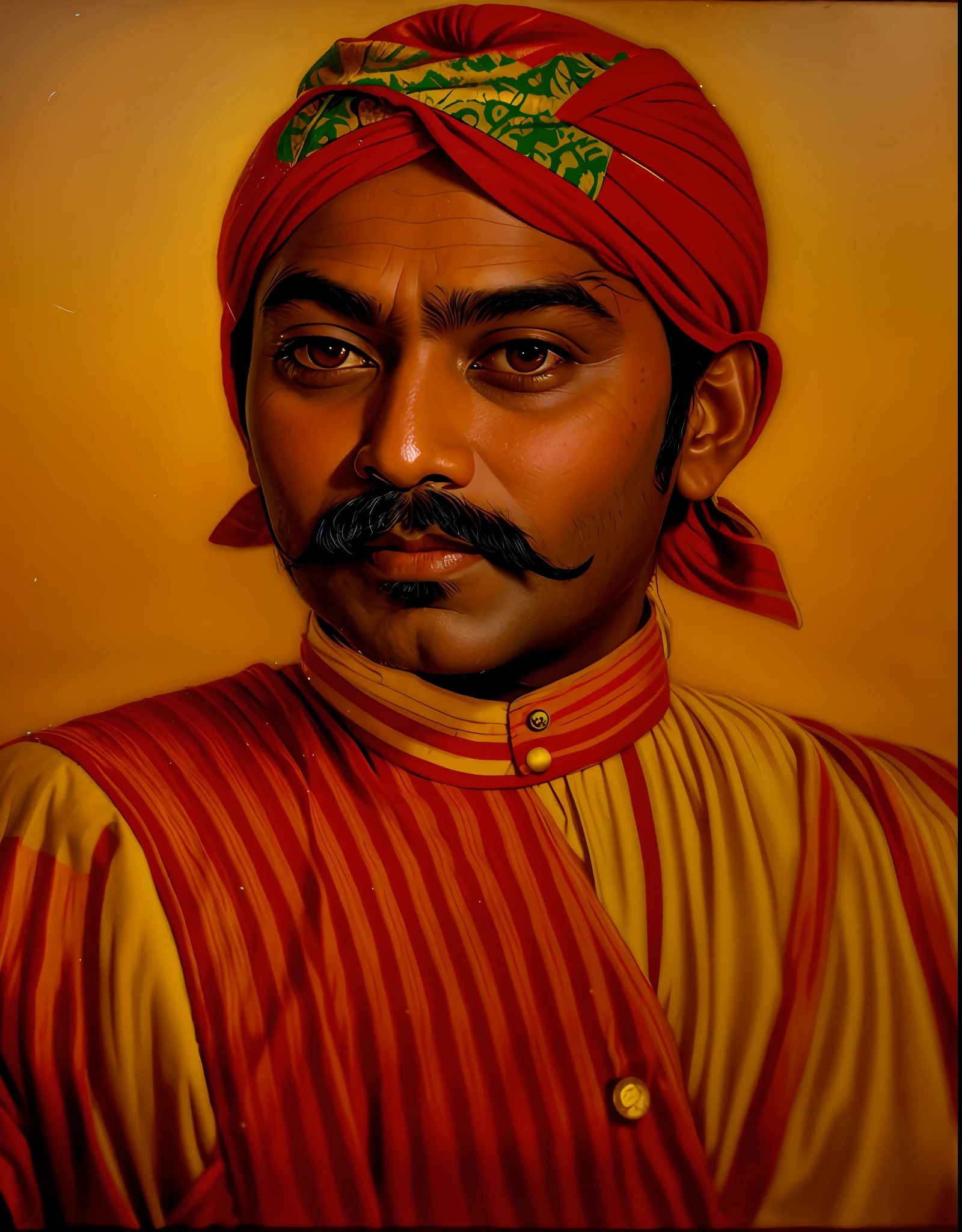 realistic:1.4), masterpiece, best quality, Photo of a man with a mustache and a turban, raden saleh, inspired by Raja Ravi Varma, inspired by Bikash Bhattacharjee, inspired by Basuki Abdullah, inspired by Sardar Sobha Singh, inspired by Abdur Rahman Chughtai, inspired by Sudip Roy, potrait, by Raja Ravi Varma,