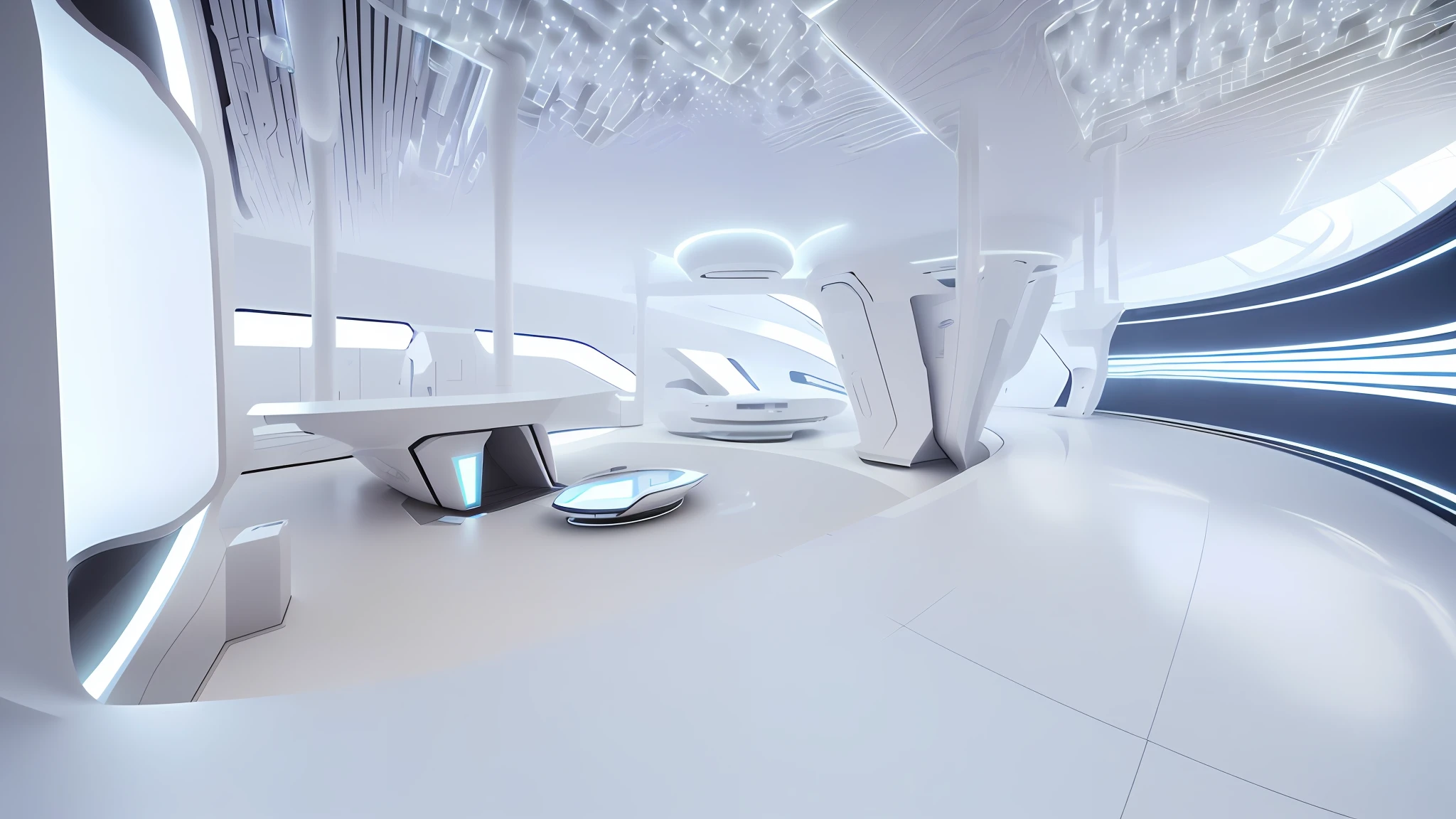 Building interior space, ((white)), (super wide angle), futuristic architecture with futuristic design and futuristic interior, futuristic spaceport, futuristic hall, futuristic government service hall, futuristic architectural concept, futuristic setting, futuristic decoration, futuristic utopian architecture, futuristic architectural art, futuristic production facilities, radical view, acsonometric view aspects, close-up, texture, (((Complex electronic component surface texture))), detail texture, HDR+, 8K, QHD, luminescence, dynamic lighting, Beautyfull refraction, ((high-key lighting, bright light)), in terms of design, the main color of this project is ceramic white, with dark and white lighting, the overall atmosphere is bright, with both ceramic warmth and modern technology, redshift renderer rendering, cinematic lighting effects