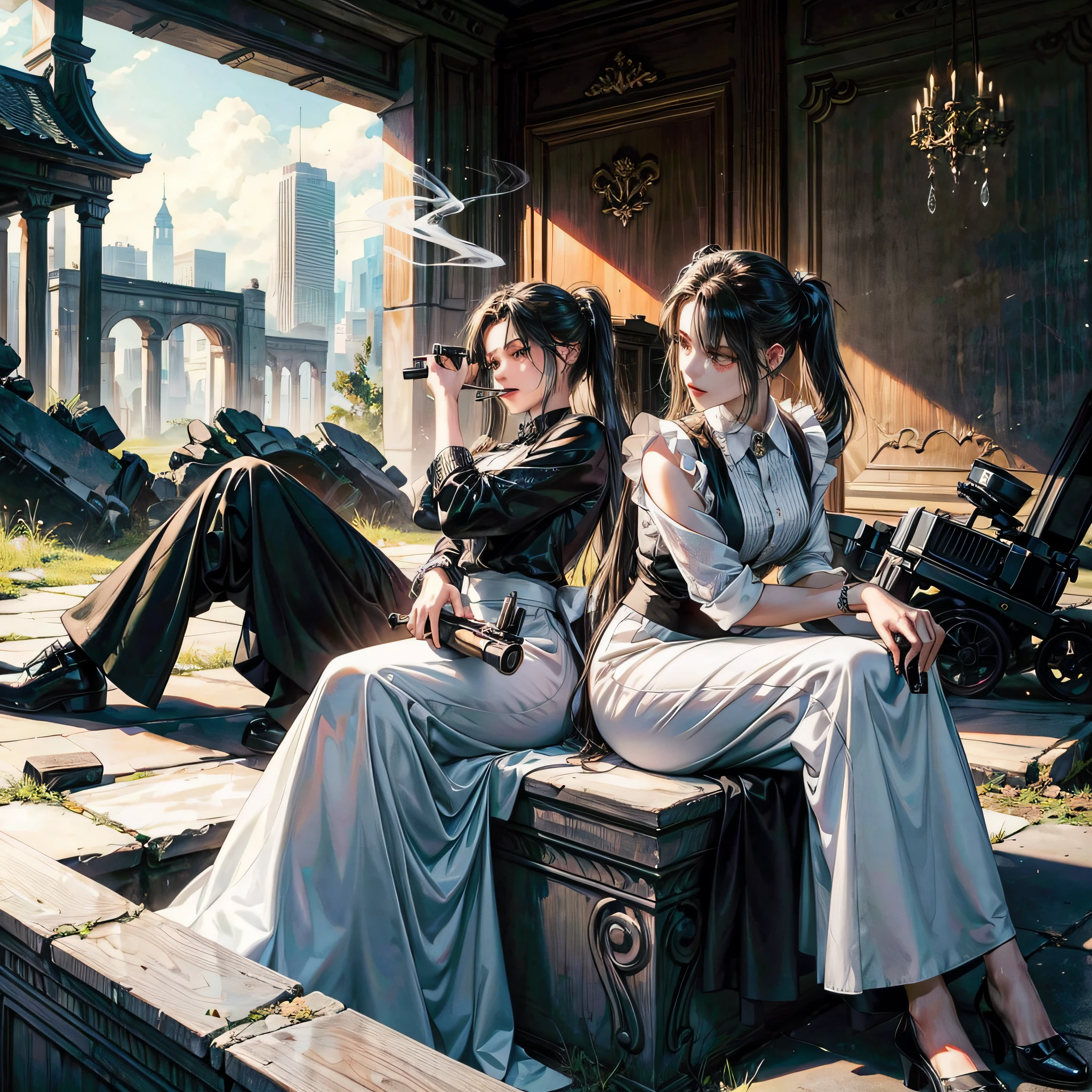 Maid in long skirt, carrying a gun, sitting in ruins, smoking, anime characters