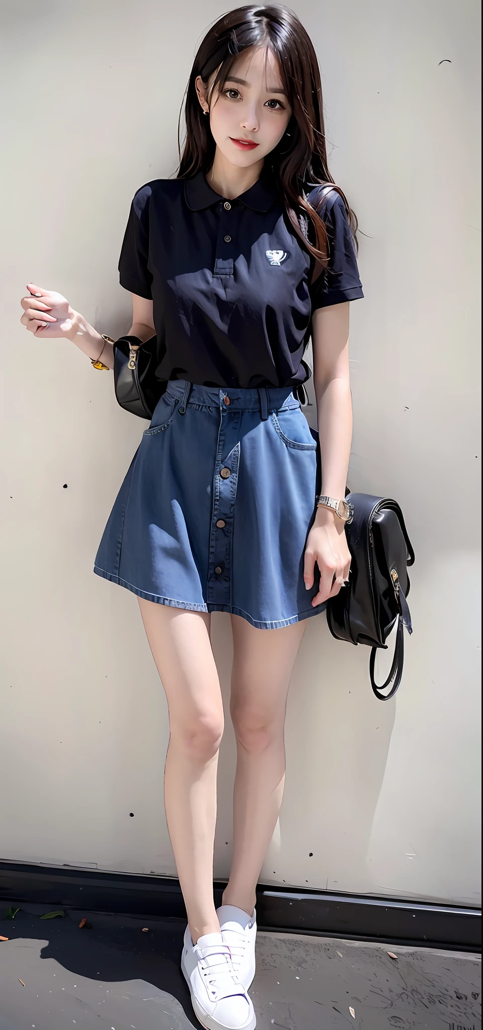 POLO shirt, denim skirt, casual shoes.