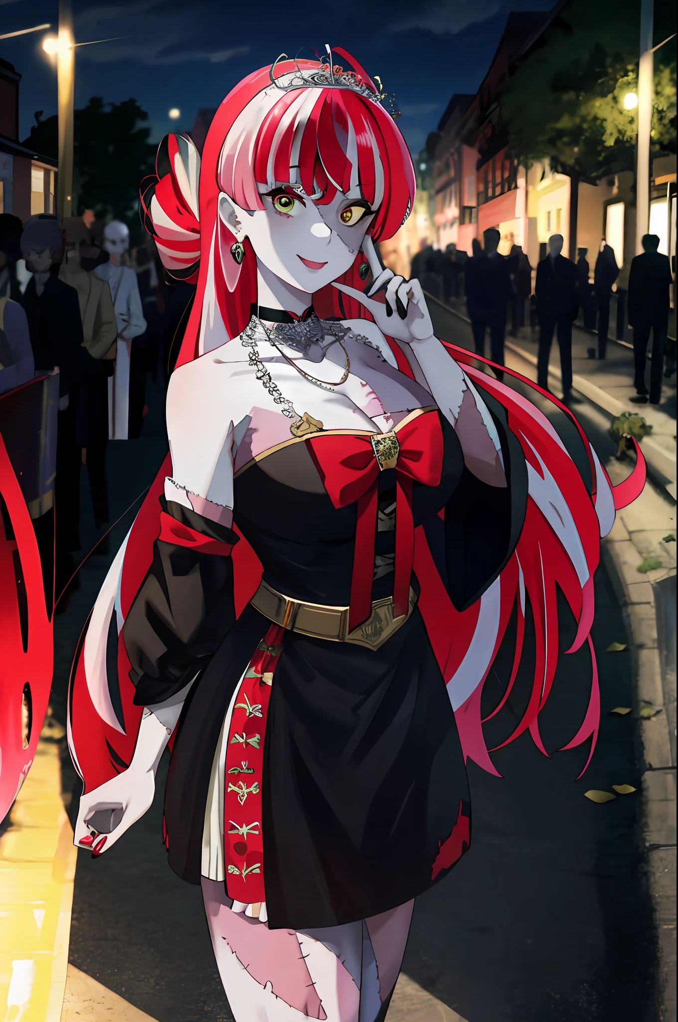 best quality, 4K wallpaper, masterpiece, extremely detailed CG Unity 8k wallpaper, extremely detailed eyes, super detailed, 1 girl, solo, () big breasts, ollie, zombie_skin, multicolored hair, multicolored eyes, double tail hair, earrings, style bride, outdoors, night, cemetery, looking at the audience, smiling, standing, spread legs, upper body,