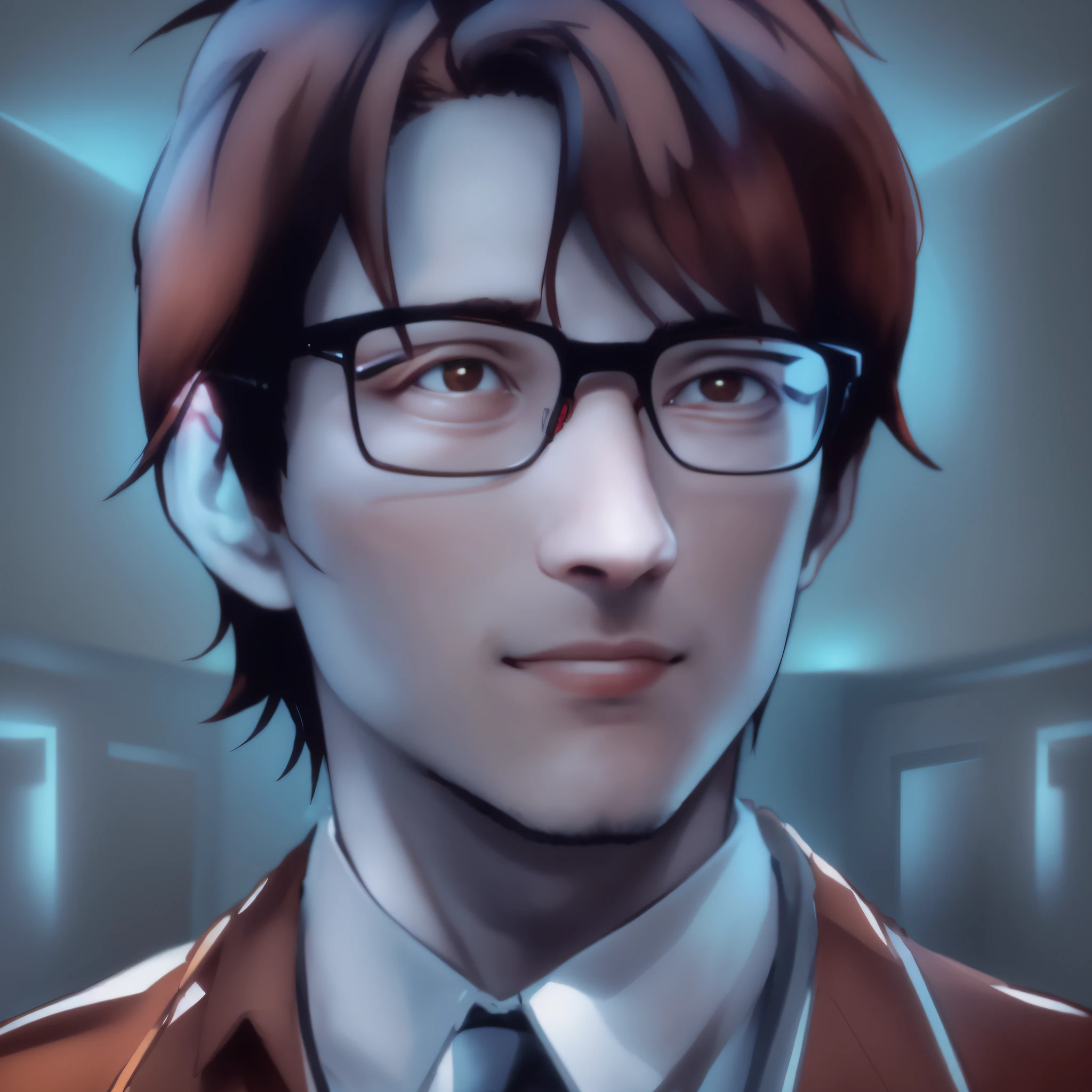 There is a young man with 22 year old appearance, with glasses ,Brown hair, light brown eyes, Twitch streamer, high quality image, very accurate photo, 8k selfie photography, light nerd smile, NFT portrait, wearing a Flamengo shirt, high quality portrait, anime style photo, realistic, futuristic image background