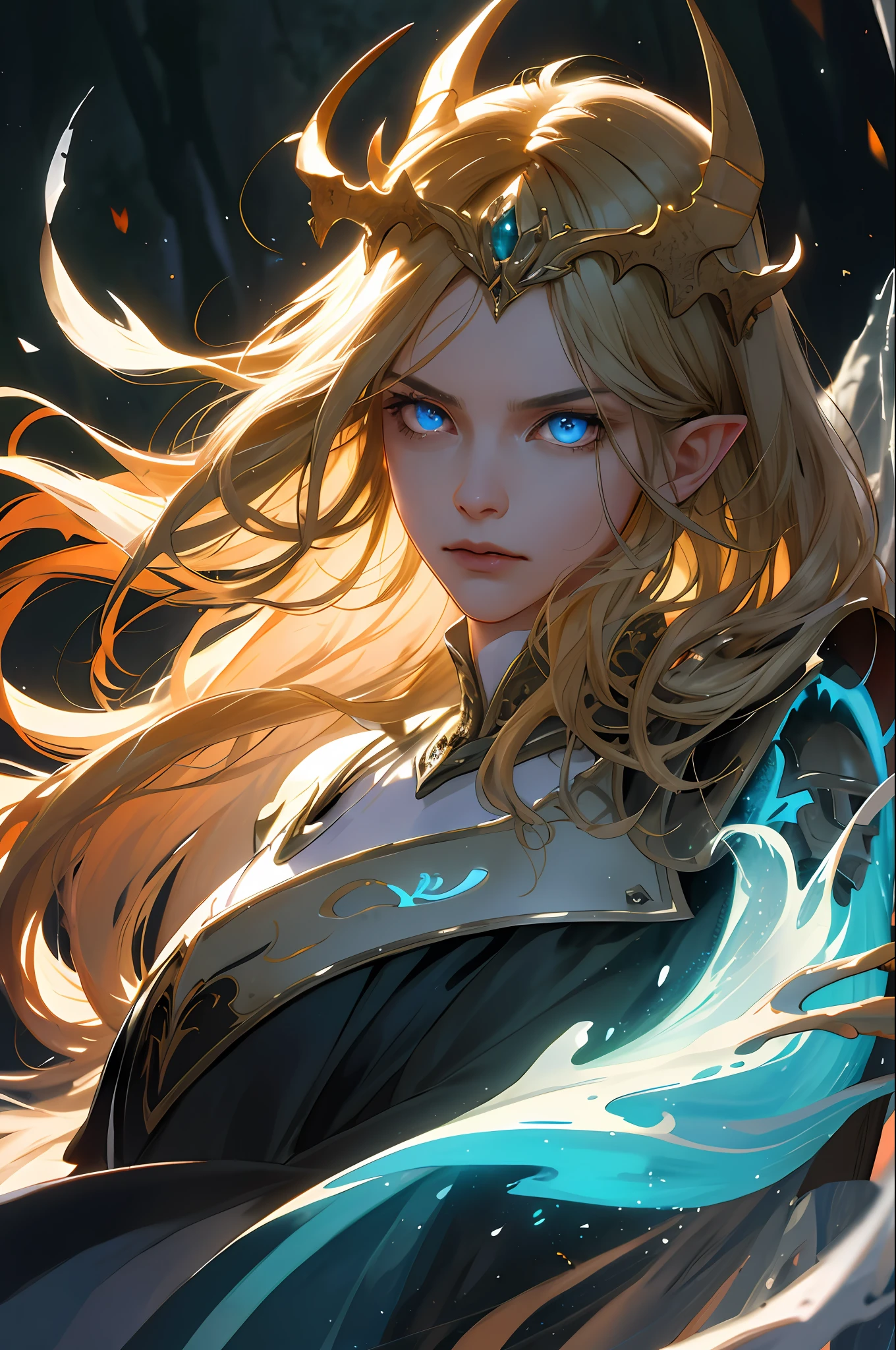 (absurd, high resolution, super detail), elf, pretty face, 1 woman, , straight long hair, beautiful golden hair, hair fluttering in the wind, blue eyes, bangs, detailed eyes and detailed face, highly detailed CG unified 8k wallpaper, intricate details, (style - swirl magic: 1.0), viewer view, solo, detailed background, waist up, detailed face, (Gothic Dark Ages theme: 1.5), helmet, Small white armor, dynamic pose, forest-themed clothes, glowing magic fragments, deep forest, illuminated by flames, night, dark, figure floating in flame lighting, magic floating particles, magnificent ethereal atmosphere, updraft, portrait, blurry background, serious gaze, war, wind magic, war, powerful movement, wind magic, angry expression, green base color, eyes staring into the distance,