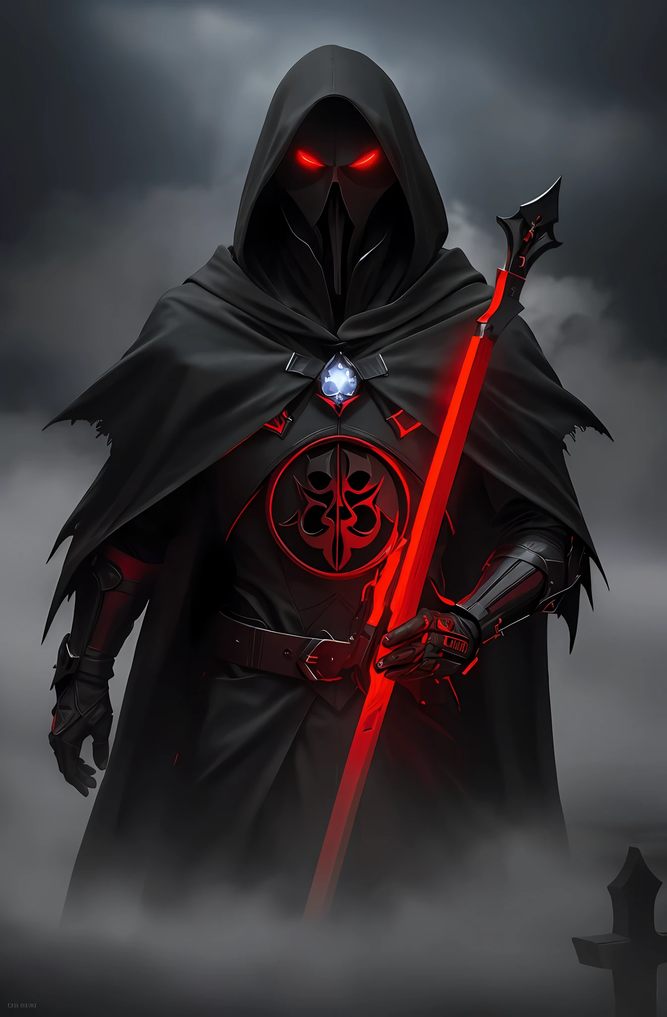 (16k, masterpiece, best quality), ultra-detailed, detailed beautiful round eyes, beautifully detailed face, high quality, high resolution, perfect anatomy, (a reaper appeared from the fog), in the darkness of the night, darkness, reaper hood, red eyes, evil, an evil face, graveyard background, dynamic pose, looking into the distance, side view, reaper, holding ((schyte))