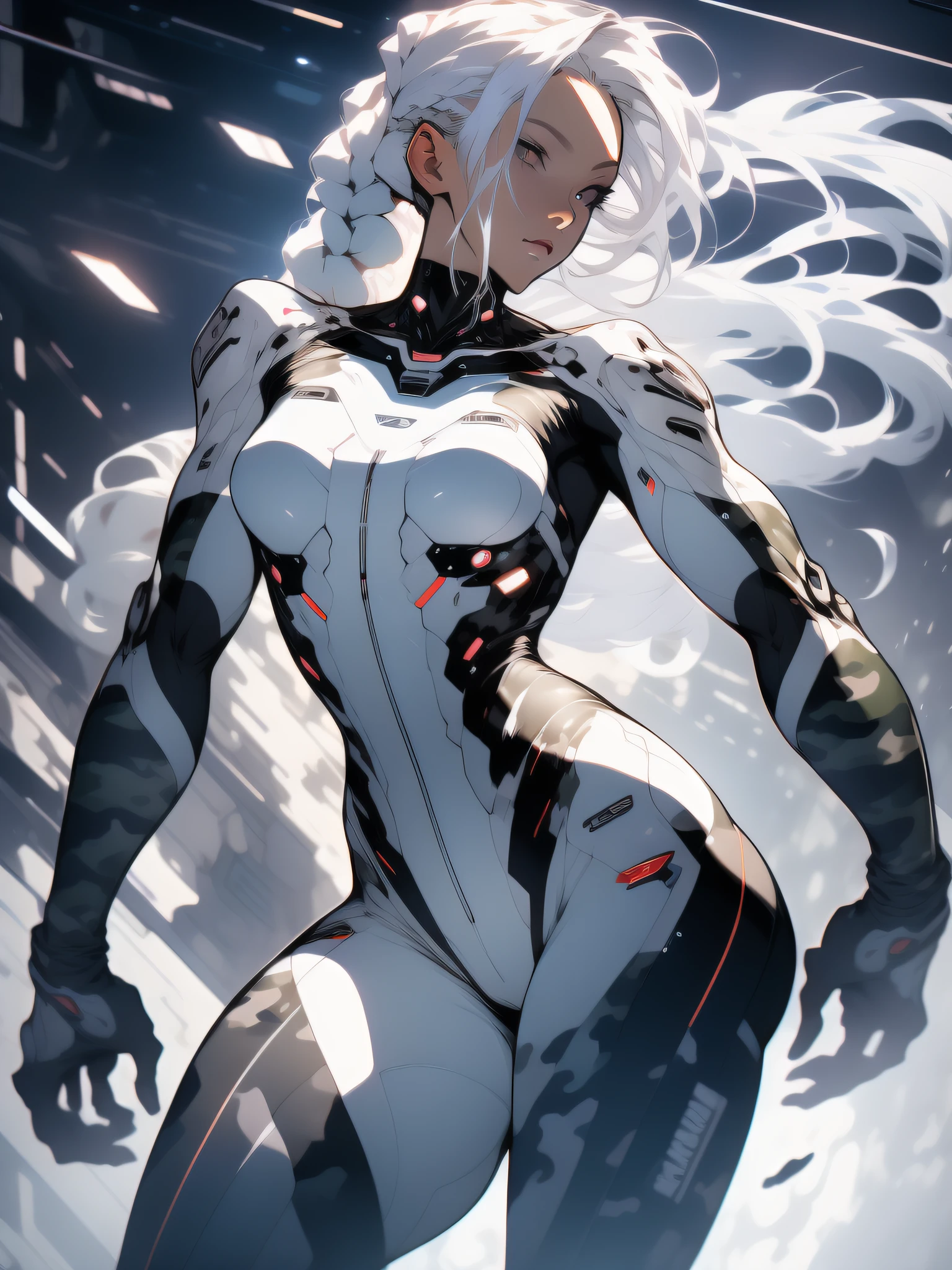 ((Best quality)), ((masterpiece)), (detailed: 1.4), (Absurd), War-ready female fighter pilot with military helmet, Marine, dark skin, defined muscular sculptural body, full body, bare half-thick thighs, closed mouth, muscular body covered in technological clothing, cyberpunk, semi naked, generous neckline, ((perfect medium breasts)), (super light blue eyes without pupils), (((military camouflage clothing)), (((white hair with braid)))), long eyelashes heavy makeup, garter belt, by mucha, niji --V5, close to real, psychopathic, crazy face, sexy pose, background with a giant head of Neon style robot Genesis evangelion, 2 piece clothing, shoulder pads with airplane wings, pastel, centered, scale to fit the dimensions, HDR (High Dynamic Range),Ray Tracing, NVIDIA RTX,Super-Resolution,Unreal 5,Subsurface Dispersion, PBR Texture, Post-processing, Anisotropic filtering, Depth of field, Maximum clarity and sharpness, Multilayer textures, Albedo and specular maps, Surface shading, Accurate simulation of light-material interaction, Perfect proportions, Octane Render, Two-tone lighting, Wide aperture, Low ISO, White balance, Rule of thirds, 8K RAW, crysisnanosuit