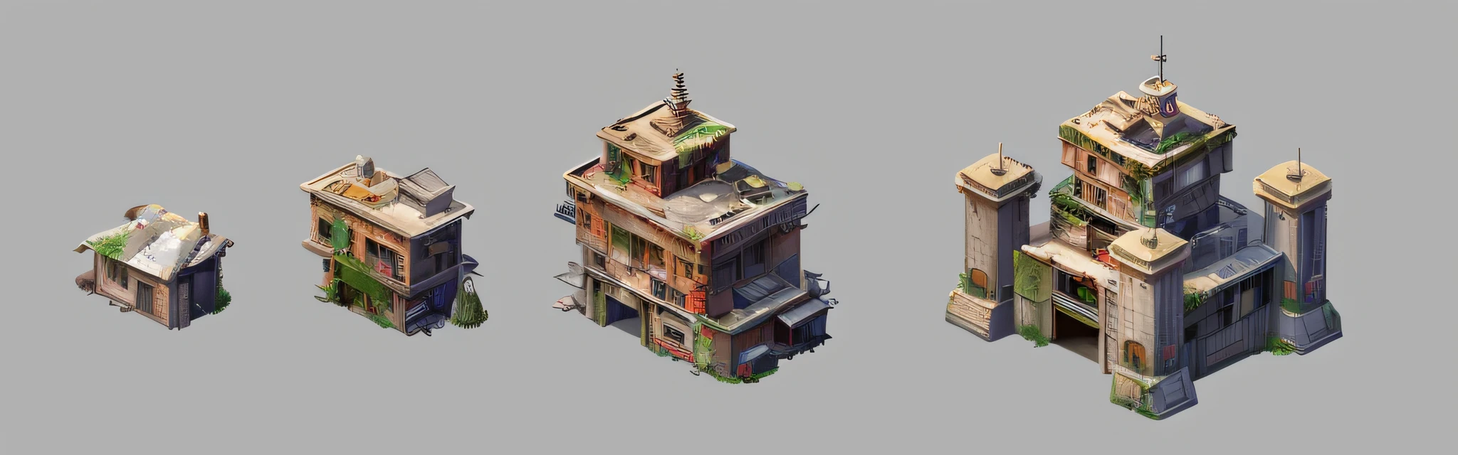 a close up of a building with a clock tower and a tower with a clock on top, by senior environment artist, wrecked buildings, 3 d renders, post apocalyptic police station, post apocalyptic city building, post apocalyptic building, buildings covered with greebles, vijay jayant props, inspired by senior environment artist, highdetailed, post apocalyptic shopping center, small buildings