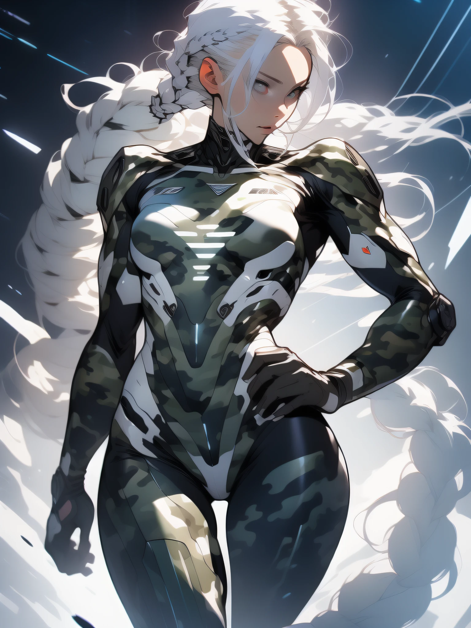 ((Best quality)), ((masterpiece)), (detailed: 1.4), (Absurd), War-ready female fighter pilot with military helmet, Marine, dark skin, defined muscular sculptural body, full body, bare half-thick thighs, closed mouth, muscular body covered in technological clothing, cyberpunk, semi naked, generous neckline, ((perfect medium breasts)), (super light blue eyes without pupils), (((military camouflage clothing)),  (((white hair with braid)))), long eyelashes heavy makeup, garter belt, by mucha, niji --V5, close to real, psychopathic, crazy face, sexy pose, background with a giant head of Neon style robot Genesis evangelion, 2 piece clothing, shoulder pads with airplane wings, pastel, centered, scale to fit the dimensions, HDR (High Dynamic Range),Ray Tracing, NVIDIA RTX,Super-Resolution,Unreal 5,Subsurface Dispersion, PBR Texture, Post-processing, Anisotropic filtering, Depth of field, Maximum clarity and sharpness, Multilayer textures, Albedo and specular maps, Surface shading, Accurate simulation of light-material interaction, Perfect proportions, Octane Render, Two-tone lighting, Wide aperture, Low ISO, White balance, Rule of thirds, 8K RAW, crysisnanosuit