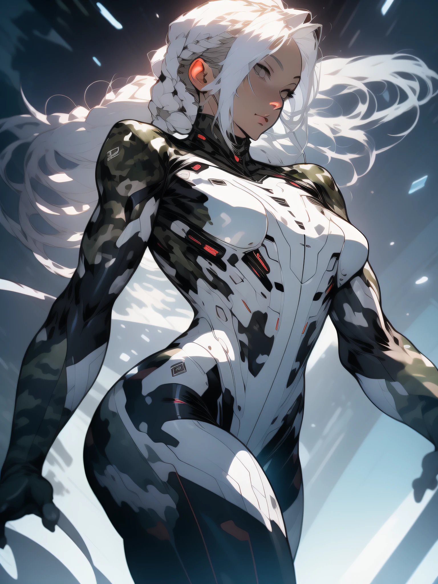 ((Best quality)), ((masterpiece)), (detailed: 1.4), (Absurd), War-ready female fighter pilot with military helmet, Marine, dark skin, defined muscular sculptural body, full body, bare half-thick thighs, closed mouth, muscular body covered in technological clothing, cyberpunk, semi naked, generous neckline, ((perfect medium breasts)), (super light blue eyes without pupils), (((military camouflage clothing)), (((white hair with braid)))), long eyelashes heavy makeup, garter belt, by mucha, niji --V5, close to real, psychopathic, crazy face, sexy pose, background with a giant head of Neon style robot Genesis evangelion, 2 piece clothing, shoulder pads with airplane wings, pastel, centered, scale to fit the dimensions, HDR (High Dynamic Range),Ray Tracing, NVIDIA RTX,Super-Resolution,Unreal 5,Subsurface Dispersion, PBR Texture, Post-processing, Anisotropic filtering, Depth of field, Maximum clarity and sharpness, Multilayer textures, Albedo and specular maps, Surface shading, Accurate simulation of light-material interaction, Perfect proportions, Octane Render, Two-tone lighting, Wide aperture, Low ISO, White balance, Rule of thirds, 8K RAW, crysisnanosuit