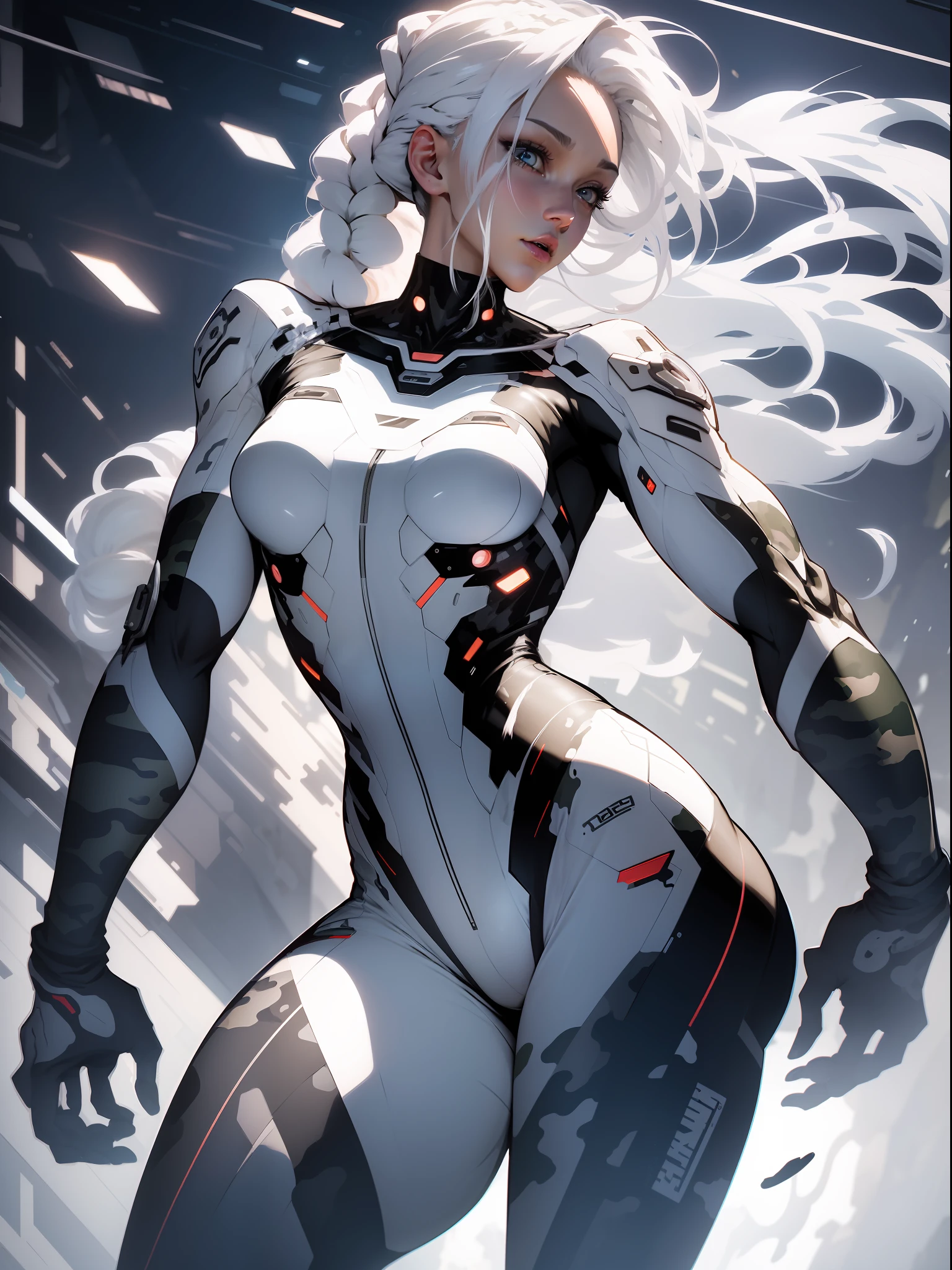 ((Best quality)), ((masterpiece)), (detailed: 1.4), (Absurd), War-ready female fighter pilot with military helmet, Marine, dark skin, defined muscular sculptural body, full body, bare half-thick thighs, closed mouth, muscular body covered in technological clothing, cyberpunk, semi naked, generous neckline, ((perfect medium breasts)), (super light blue eyes without pupils), (((military camouflage clothing)),  (((white hair with braid)))), long eyelashes heavy makeup, garter belt, by mucha, niji --V5, close to real, psychopathic, crazy face, sexy pose, background with a giant head of Neon style robot Genesis evangelion, 2 piece clothing, shoulder pads with airplane wings, pastel, centered, scale to fit the dimensions, HDR (High Dynamic Range),Ray Tracing, NVIDIA RTX,Super-Resolution,Unreal 5,Subsurface Dispersion, PBR Texture, Post-processing, Anisotropic filtering, Depth of field, Maximum clarity and sharpness, Multilayer textures, Albedo and specular maps, Surface shading, Accurate simulation of light-material interaction, Perfect proportions, Octane Render, Two-tone lighting, Wide aperture, Low ISO, White balance, Rule of thirds, 8K RAW, crysisnanosuit