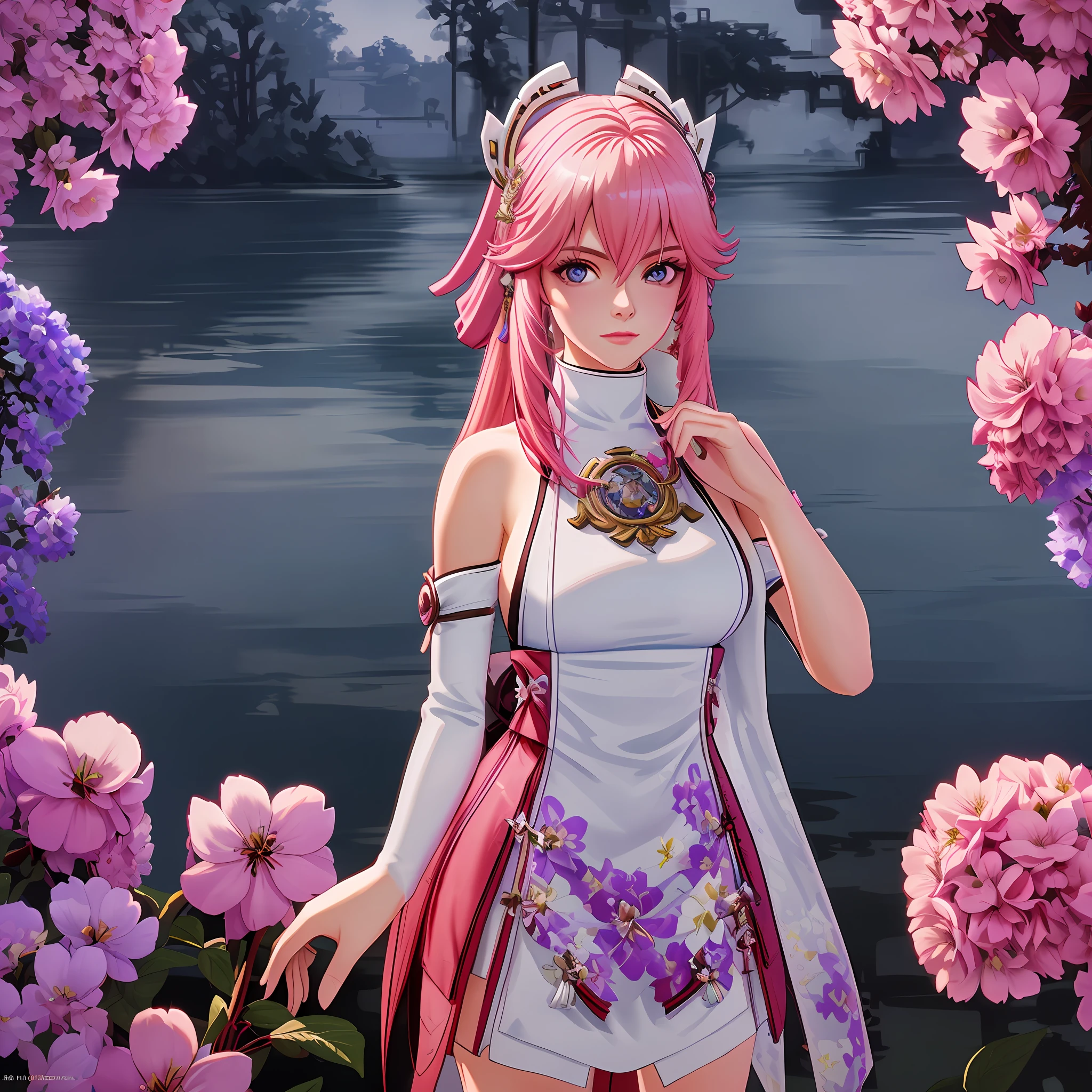 (1girl:1.3), solo, (((extremely detailed face))),(((extremely detailed eyes and face))),beautiful detailed eyes,body-parts__, official art, unified 8k wallpaper, super detailed, beautiful and aesthetic, beautiful, masterpiece, best quality, raw, masterpiece, super fine photo, best quality, super high resolution, photorealistic realism, sunlight, full body portrait, amazing beauty,, dynamic pose, delicate face, vibrant eyes, (from the front), ,big breast, very detailed bathroom background, Detailed face, detailed bathroom background, messy, gorgeous, milky white, highly detailed skin, realistic skin details, visible pores, sharp focus, volumetric fog, 8k uhd, DSLR, high quality, film grain, fair skin, photo realism, lomography,, seen from below, translucent, yaemiko, genshin impact,pink hair,white and pink costume