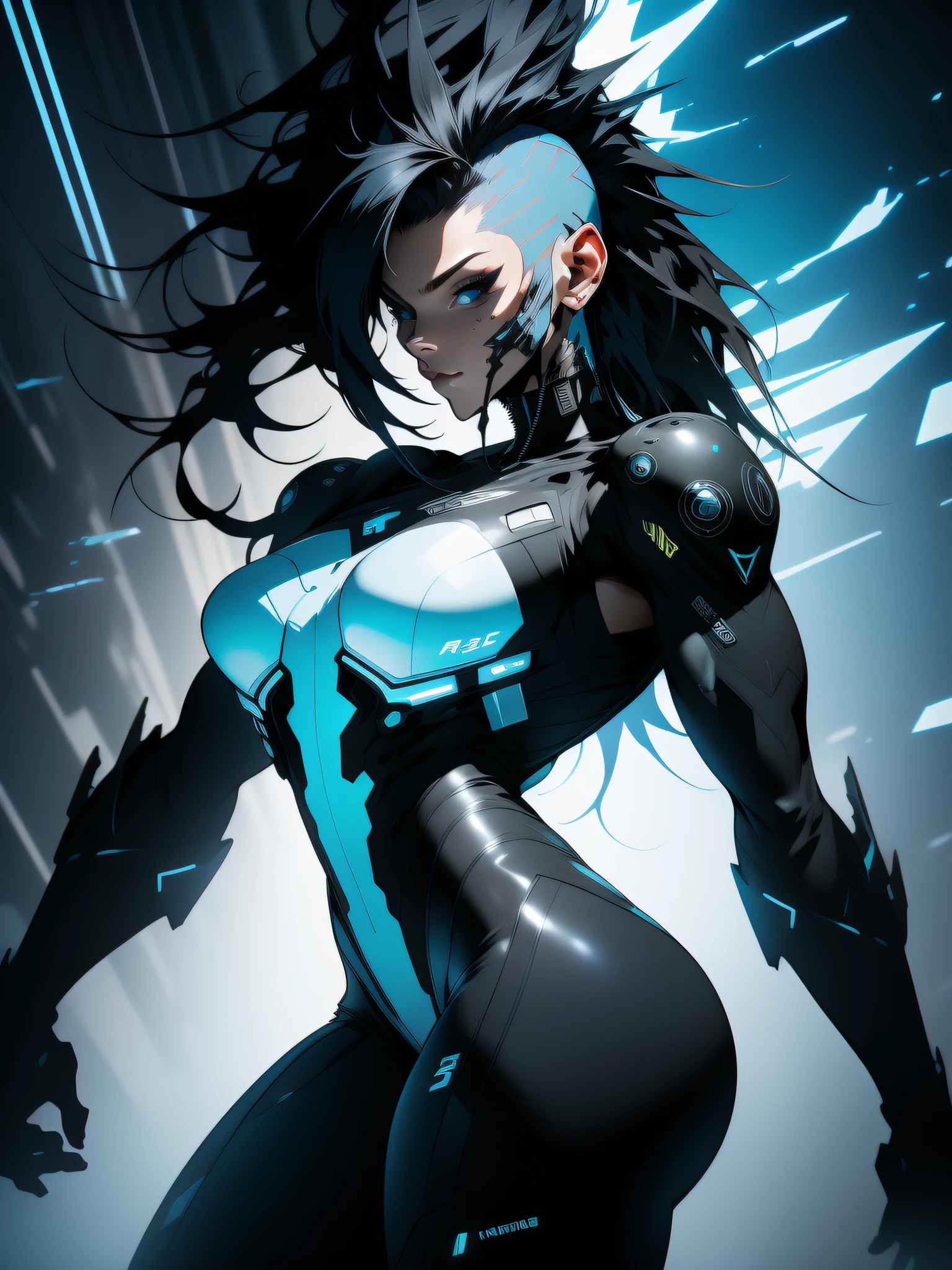 ((Best quality)), ((masterpiece)), (detailed: 1.4), (Absurd), war-ready female soldier with military helmet, Marine, all black, graffiti clothing, dark skin, defined muscular sculptural body, whole body, bare half-thick thighs, closed mouth, perfect body covered in technological clothing, cyberpunk, semi nude, generous neckline, ((perfect medium breasts)), (super light blue eyes without pupils), ((military camouflage clothing)), (((black mohawk hair)))), long eyelashes heavy makeup, garter belt, by mucha, niji --V5, close to real, psychopathic, crazy face, sexy pose, background with a giant neon style Robot head Genesis evangelion, 2 piece clothing, shoulder pads with airplane wings, pastel, centered, scale to fit the dimensions, HDR (High Dynamic Range),Ray Tracing,NVIDIA RTX, Super-Resolution,Unreal 5,Subsurface Dispersion, PBR Texture, Post-processing, Anisotropic Filtering, Depth of Field, Maximum Clarity and Sharpness, Multilayer Textures, Albedo and Specular Maps, Surface Shading, Accurate Simulation of Light-Material Interaction, Perfect Proportions, Octane Render, Two-Tone Lighting, Wide Aperture, Low ISO, White Balance, Rule of Thirds, 8K RAW, Crysisnanosuit