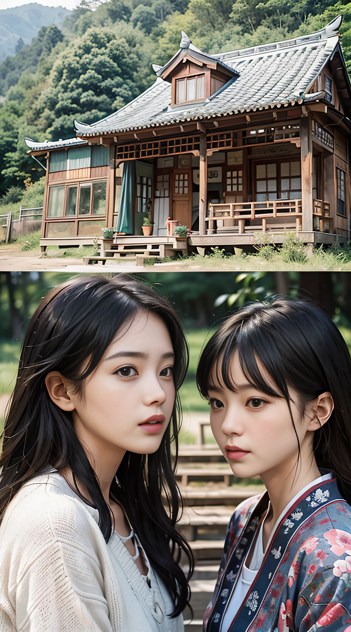 Two people are talking, one is a 40-year-old girl, the other is a 20-year-old girl, with a firm expression, a wooden house in the background, soft light, warm, Asian, 20-year-old girl, China, countryside