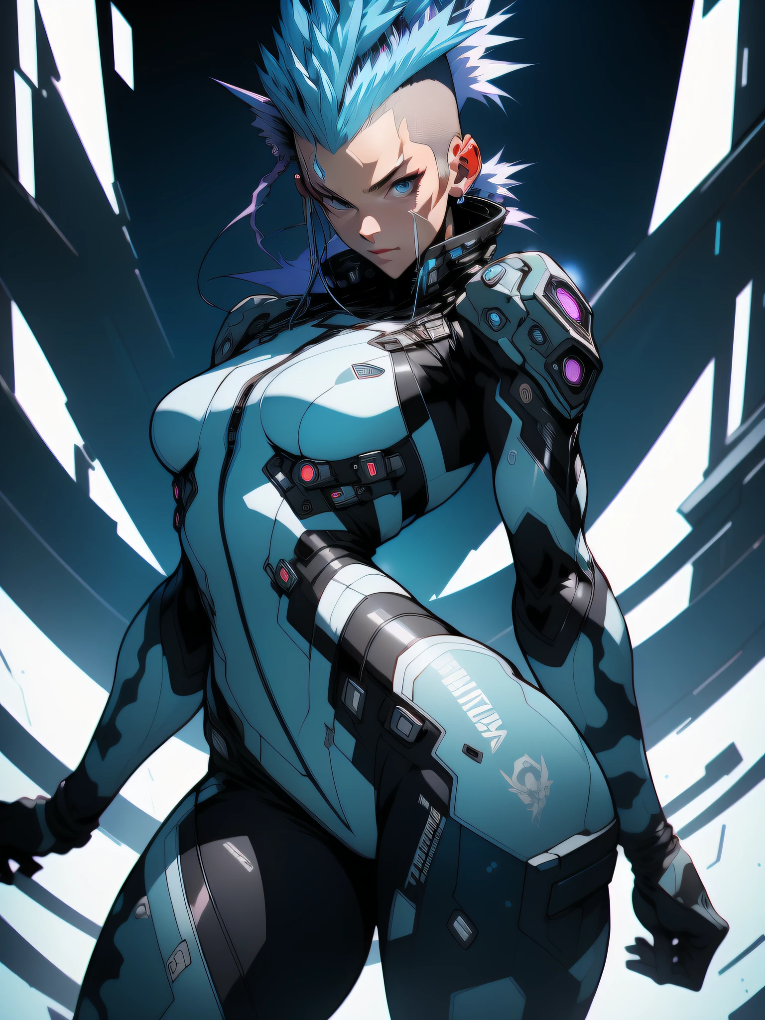 ((Best quality)), ((masterpiece)), (detailed: 1.4), (Absurd), War-ready female fighter pilot with military helmet, Marine, all black, graphite clothing, dark skin, defined muscular sculptural body, full body, bare half-thick thighs, closed mouth, muscular body covered in technological clothing, cyberpunk, semi nude, generous neckline, ((perfect medium breasts)), (super light blue eyes without pupils), ((military camouflage clothing)), (((mohawk hair))), long eyelashes heavy makeup, garter belt, by mucha, niji --V5, close to real, psychopathic, crazy face, sexy pose, background with a giant neon style Robot head Genesis evangelion, 2 piece clothing, shoulder pads with airplane wings, pastel, centered, scale to fit the dimensions, HDR (High Dynamic Range),Ray Tracing, NVIDIA RTX,Super-Resolution,Unreal 5,Subsurface Dispersion, PBR Texture, Post-processing, Anisotropic filtering, Depth of field, Maximum clarity and sharpness, Multilayer textures, Albedo and specular maps, Surface shading, Accurate simulation of light-material interaction, Perfect proportions, Octane Render, Two-tone lighting, Wide aperture, Low ISO, White balance, Rule of thirds, 8K RAW, crysisnanosuit