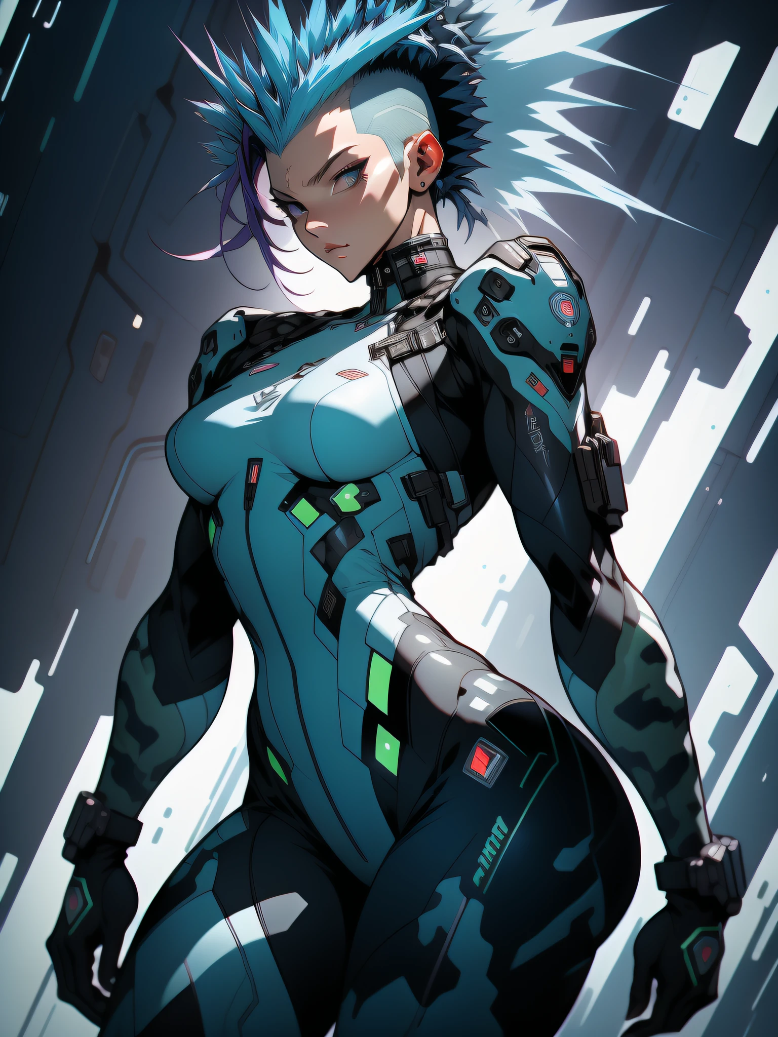 ((Best quality)), ((masterpiece)), (detailed: 1.4), (Absurd), War-ready female fighter pilot with military helmet, Marine, all black, graphite clothing, dark skin, defined muscular sculptural body, full body, bare half-thick thighs, closed mouth, muscular body covered in technological clothing, cyberpunk, semi nude, generous neckline, ((perfect medium breasts)), (super light blue eyes without pupils),  ((military camouflage clothing)), (((mohawk hair))), long eyelashes heavy makeup, garter belt, by mucha, niji --V5, close to real, psychopathic, crazy face, sexy pose, background with a giant neon style Robot head Genesis evangelion, 2 piece clothing, shoulder pads with airplane wings, pastel, centered, scale to fit the dimensions, HDR (High Dynamic Range),Ray Tracing, NVIDIA RTX,Super-Resolution,Unreal 5,Subsurface Dispersion, PBR Texture, Post-processing, Anisotropic filtering, Depth of field, Maximum clarity and sharpness, Multilayer textures, Albedo and specular maps, Surface shading, Accurate simulation of light-material interaction, Perfect proportions, Octane Render, Two-tone lighting, Wide aperture, Low ISO, White balance, Rule of thirds, 8K RAW, crysisnanosuit