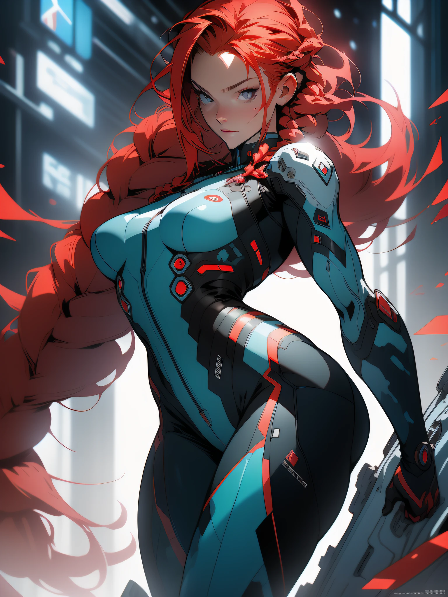 ((Best quality)), ((masterpiece)), (detailed: 1.4), (Absurd), War-ready female fighter pilot with military helmet, Marine, all black, graphite clothing, dark skin, defined muscular sculptural body, full body, bare half-thick thighs, closed mouth, muscular body covered in technological clothing, cyberpunk, semi nude, generous neckline, ((perfect medium breasts)), (super light blue eyes without pupils),  ((military camouflage clothing)), (((red hair with braid))), long eyelashes heavy makeup, garter belt, by mucha, niji --V5, close to real, psychopathic, crazy face, sexy pose, background with a giant head of Genesis evangelion neon style robot, 2 piece clothing, shoulder pads with airplane wings, pastel, centered, scale to fit the dimensions, HDR (High Dynamic Range), Ray Tracing,NVIDIA RTX,Super-Resolution,Unreal 5,Subsurface Dispersion, PBR Texture, Post-processing, Anisotropic Filtering, Depth of Field, Maximum Clarity and Sharpness, Multilayer Textures, Albedo and Specular Maps, Surface Shading, Accurate Simulation of Light-Material Interaction, Perfect Proportions, Octane Render, Two-Tone Lighting, Wide Aperture, Low ISO, White Balance, Rule of Thirds, 8K RAW, Crysisnanosuit