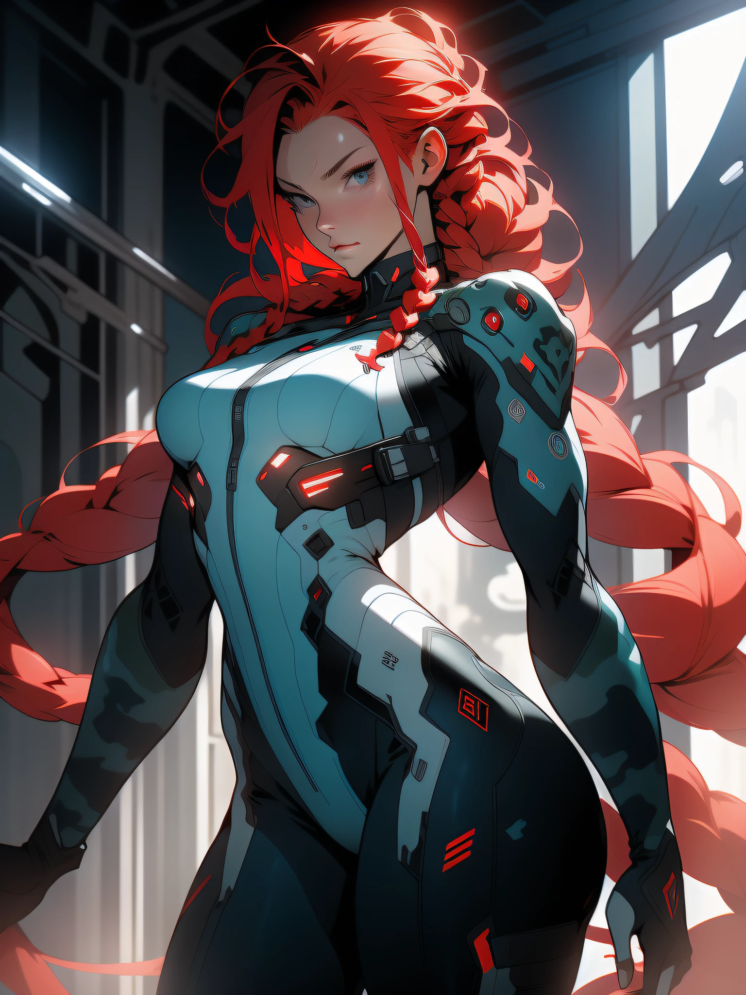 ((Best quality)), ((masterpiece)), (detailed: 1.4), (Absurd), War-ready female fighter pilot with military helmet, Marine, all black, graphite clothing, dark skin, defined muscular sculptural body, full body, bare half-thick thighs, closed mouth, muscular body covered in technological clothing, cyberpunk, semi nude, generous neckline, ((perfect medium breasts)), (super light blue eyes without pupils),  ((military camouflage clothing)), (((red hair with braid))), long eyelashes heavy makeup, garter belt, by mucha, niji --V5, close to real, psychopathic, crazy face, sexy pose, background with a giant head of Genesis evangelion neon style robot, 2 piece clothing, shoulder pads with airplane wings, pastel, centered, scale to fit the dimensions, HDR (High Dynamic Range), Ray Tracing,NVIDIA RTX,Super-Resolution,Unreal 5,Subsurface Dispersion, PBR Texture, Post-processing, Anisotropic Filtering, Depth of Field, Maximum Clarity and Sharpness, Multilayer Textures, Albedo and Specular Maps, Surface Shading, Accurate Simulation of Light-Material Interaction, Perfect Proportions, Octane Render, Two-Tone Lighting, Wide Aperture, Low ISO, White Balance, Rule of Thirds, 8K RAW, Crysisnanosuit