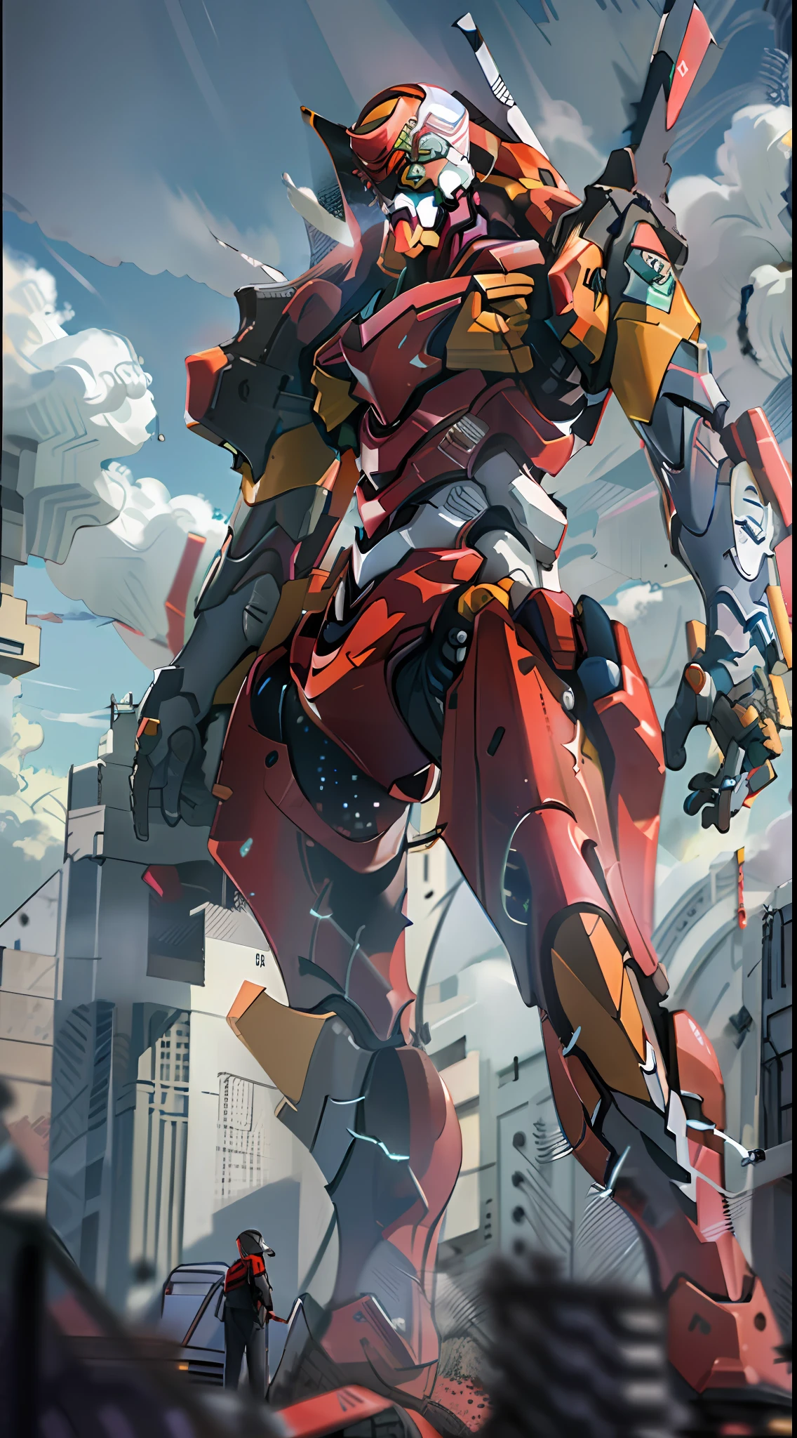 ((eva 02), evagod:1.1), evagenlion, Concept Design, sci-fic character design, SCIENCE FICTION, giant robot, advanced metal and Ceramic Mecha, Accurate EVA 02 head details, high-tech, huge android, (outdoors, sky, clouds), global illumination, rim light, octane rendering, ray tracing, 4k, Best quality, masterpiece, high res, highly detailed, scientific , carbon fiber, titanium alloy, hyperrealistic, anatomical, beautiful Tokyo-3 background, CG, unity, wallpaper, Futurism, epic sense, doomsday, sci-fi fighter, giant machinery, correct perspective