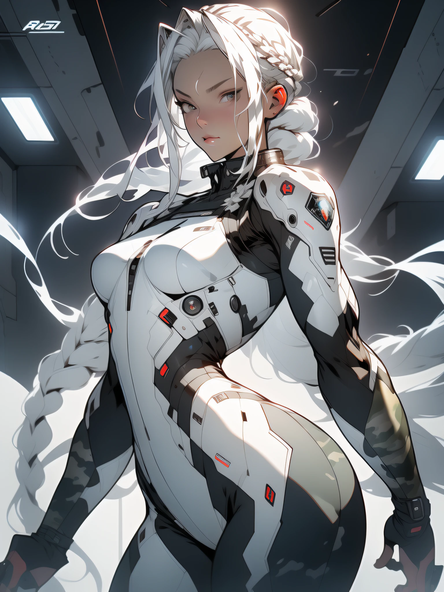 ((Best quality)), ((masterpiece)), (detailed: 1.4), (Absurd), War-ready female fighter pilot with military helmet, Marine, dark skin, defined muscular sculptural body, full body, bare half-thick thighs, closed mouth, muscular body covered in technological clothing, cyberpunk, semi naked, generous neckline, ((perfect medium breasts)), (super light blue eyes without pupils), (((military camouflage clothing)), (((white hair with braid)))), long eyelashes heavy makeup, garter belt, by mucha, niji --V5, close to real, psychopathic, crazy face, sexy pose, background with a giant head of Neon style robot Genesis evangelion, 2 piece clothing, shoulder pads with airplane wings, pastel, centered, scale to fit the dimensions, HDR (High Dynamic Range),Ray Tracing, NVIDIA RTX,Super-Resolution,Unreal 5,Subsurface Dispersion, PBR Texture, Post-processing, Anisotropic filtering, Depth of field, Maximum clarity and sharpness, Multilayer textures, Albedo and specular maps, Surface shading, Accurate simulation of light-material interaction, Perfect proportions, Octane Render, Two-tone lighting, Wide aperture, Low ISO, White balance, Rule of thirds, 8K RAW, crysisnanosuit