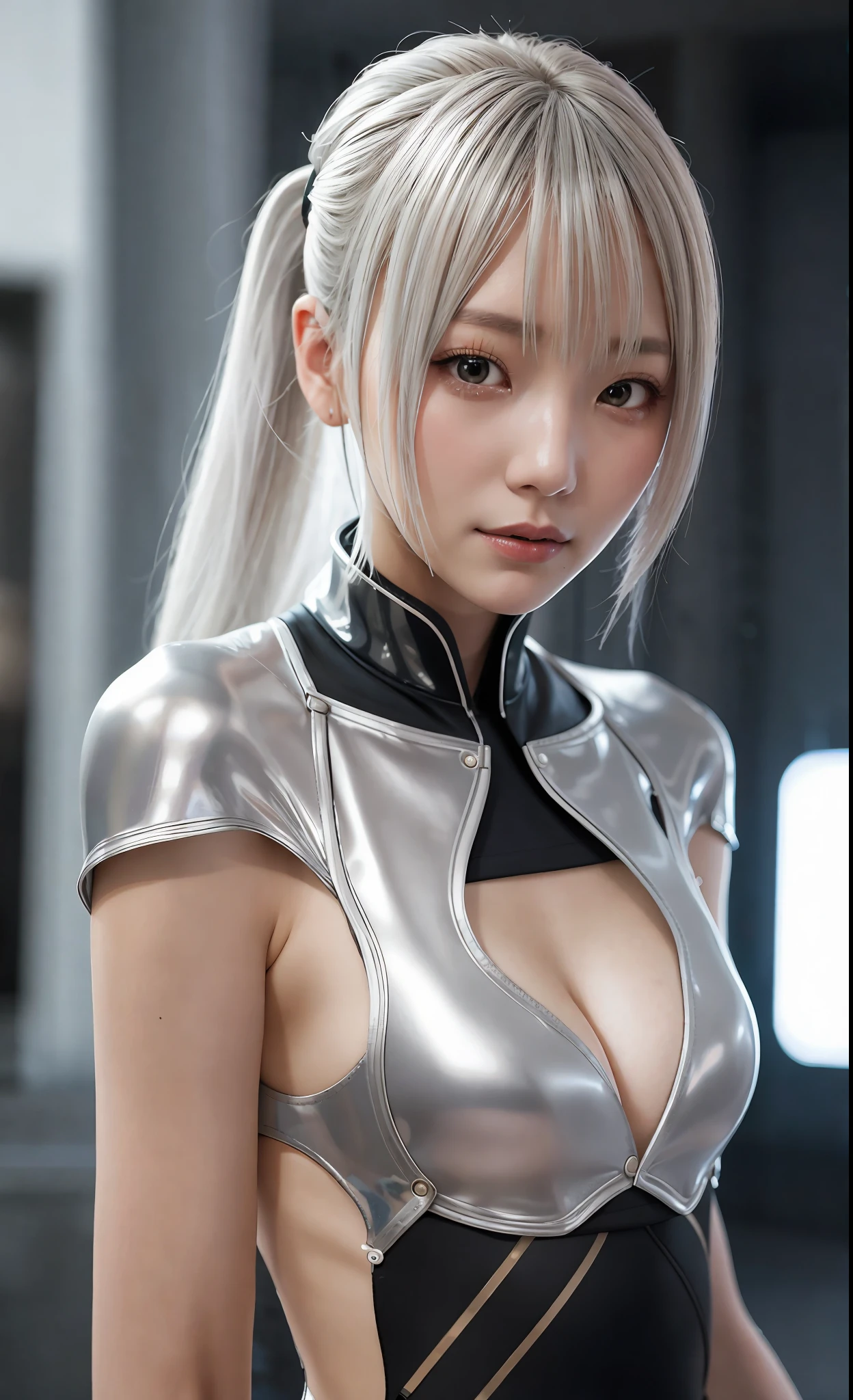 Masterpiece, Best Quality, Girls, Slender, Medium, Cute, Sexy, Silver Hair, Near Future, Sci-Fi, Cyberpunk, Kimono Like Mechanical Bodysuit, Bikini, Exposed Skin, Oiran , Dystopia, Night, Silver Themes, Black Themes, Fluorescent Themes