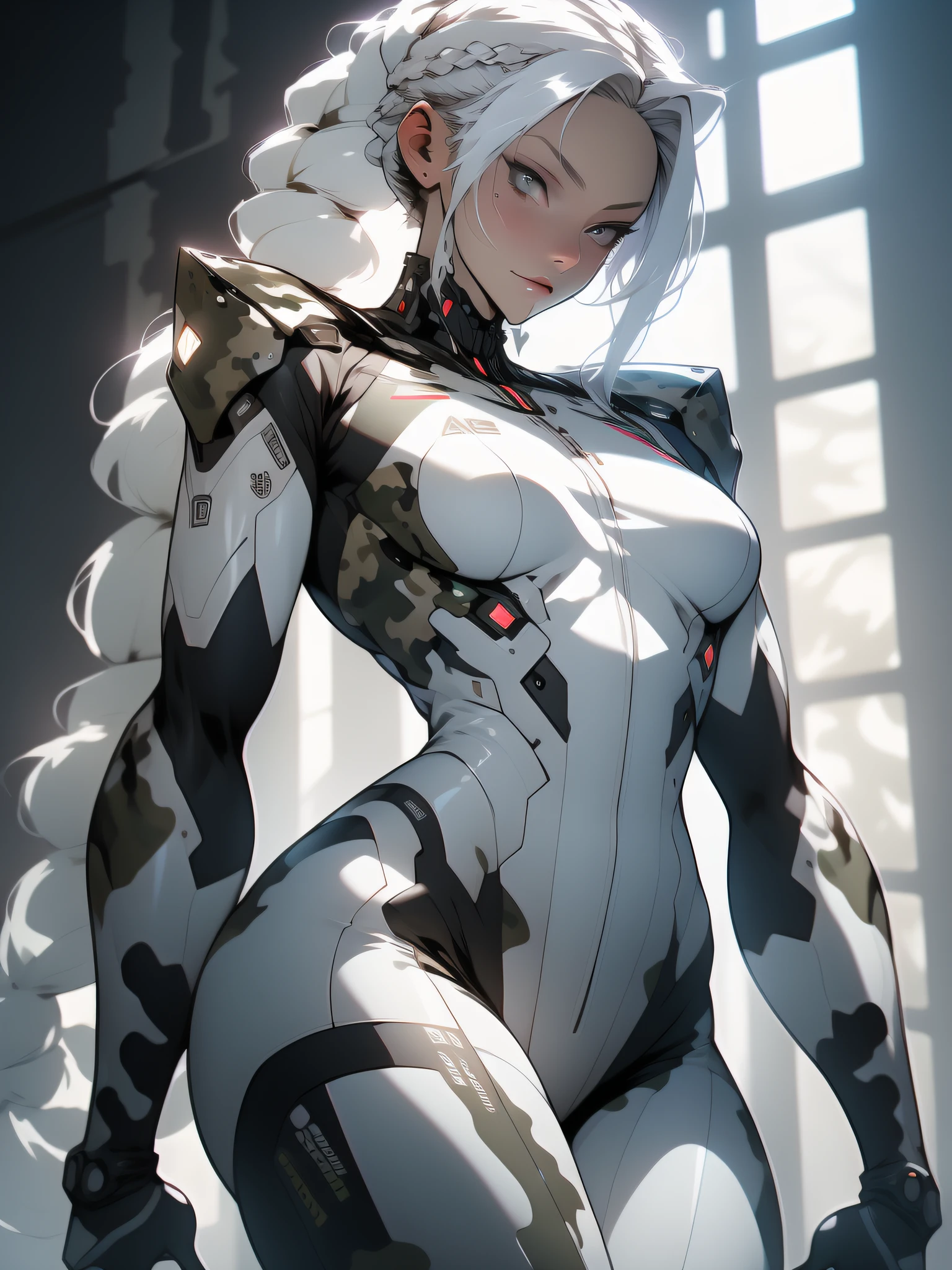 ((Best quality)), ((masterpiece)), (detailed: 1.4), (Absurd), War-ready female fighter pilot with military helmet, Marine, dark skin, defined muscular sculptural body, full body, bare half-thick thighs, closed mouth, muscular body covered in technological clothing, cyberpunk, semi naked, generous neckline, ((perfect medium breasts)), (super light blue eyes without pupils), (((military camouflage clothing)), (((white hair with braid)))), long eyelashes heavy makeup, garter belt, by mucha, niji --V5, close to real, psychopathic, crazy face, sexy pose, background with a giant head of Neon style robot Genesis evangelion, 2 piece clothing, shoulder pads with airplane wings, pastel, centered, scale to fit the dimensions, HDR (High Dynamic Range),Ray Tracing, NVIDIA RTX,Super-Resolution,Unreal 5,Subsurface Dispersion, PBR Texture, Post-processing, Anisotropic filtering, Depth of field, Maximum clarity and sharpness, Multilayer textures, Albedo and specular maps, Surface shading, Accurate simulation of light-material interaction, Perfect proportions, Octane Render, Two-tone lighting, Wide aperture, Low ISO, White balance, Rule of thirds, 8K RAW, crysisnanosuit