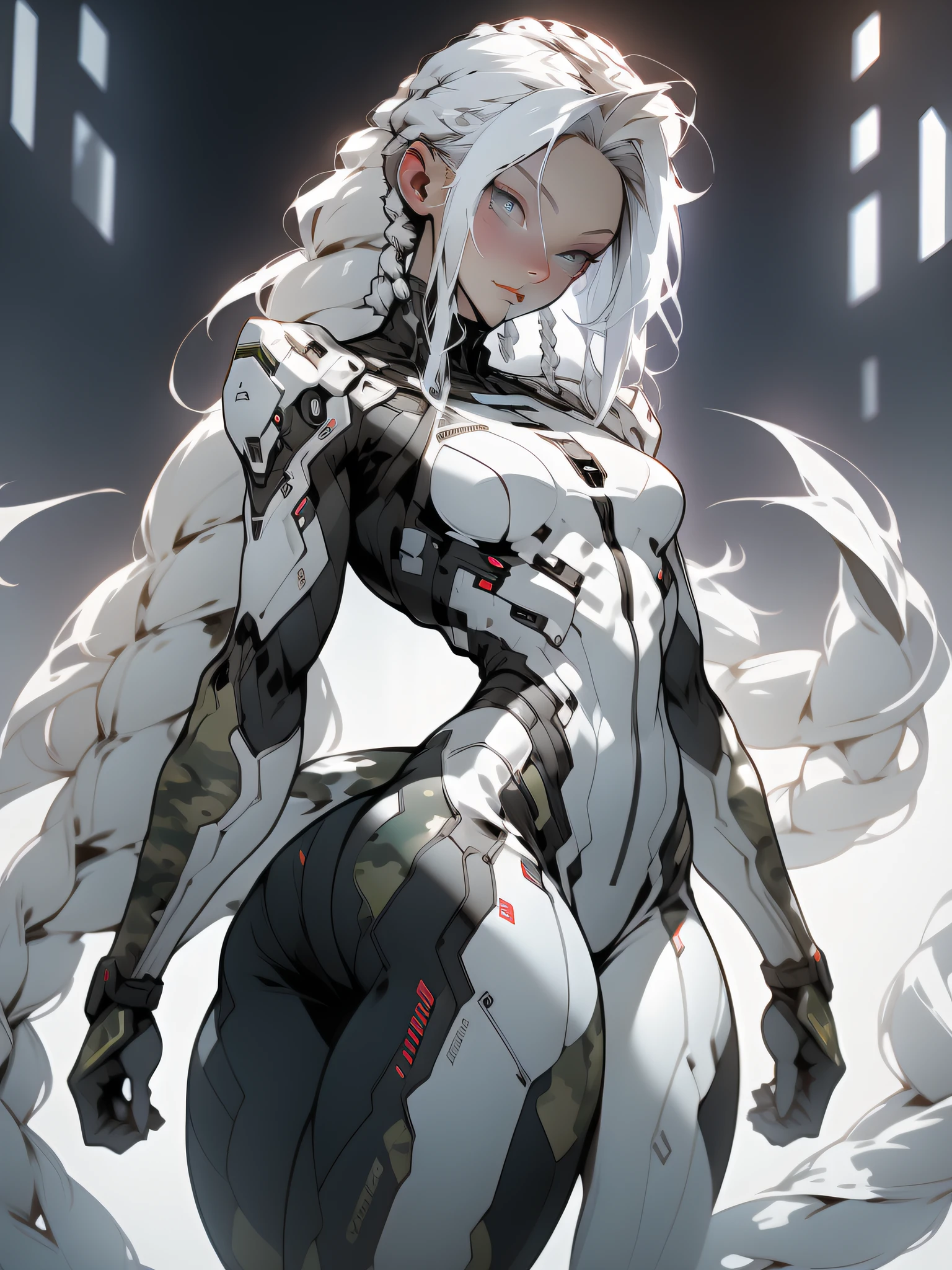 ((Best quality)), ((masterpiece)), (detailed: 1.4), (Absurd), War-ready female fighter pilot with military helmet, Marine, dark skin, defined muscular sculptural body, full body, bare half-thick thighs, closed mouth, muscular body covered in technological clothing, cyberpunk, semi naked, generous neckline, ((perfect medium breasts)), (super light blue eyes without pupils), (((military camouflage clothing)), (((white hair with braid)))), long eyelashes heavy makeup, garter belt, by mucha, niji --V5, close to real, psychopathic, crazy face, sexy pose, background with a giant head of Neon style robot Genesis evangelion, 2 piece clothing, shoulder pads with airplane wings, pastel, centered, scale to fit the dimensions, HDR (High Dynamic Range),Ray Tracing, NVIDIA RTX,Super-Resolution,Unreal 5,Subsurface Dispersion, PBR Texture, Post-processing, Anisotropic filtering, Depth of field, Maximum clarity and sharpness, Multilayer textures, Albedo and specular maps, Surface shading, Accurate simulation of light-material interaction, Perfect proportions, Octane Render, Two-tone lighting, Wide aperture, Low ISO, White balance, Rule of thirds, 8K RAW, crysisnanosuit
