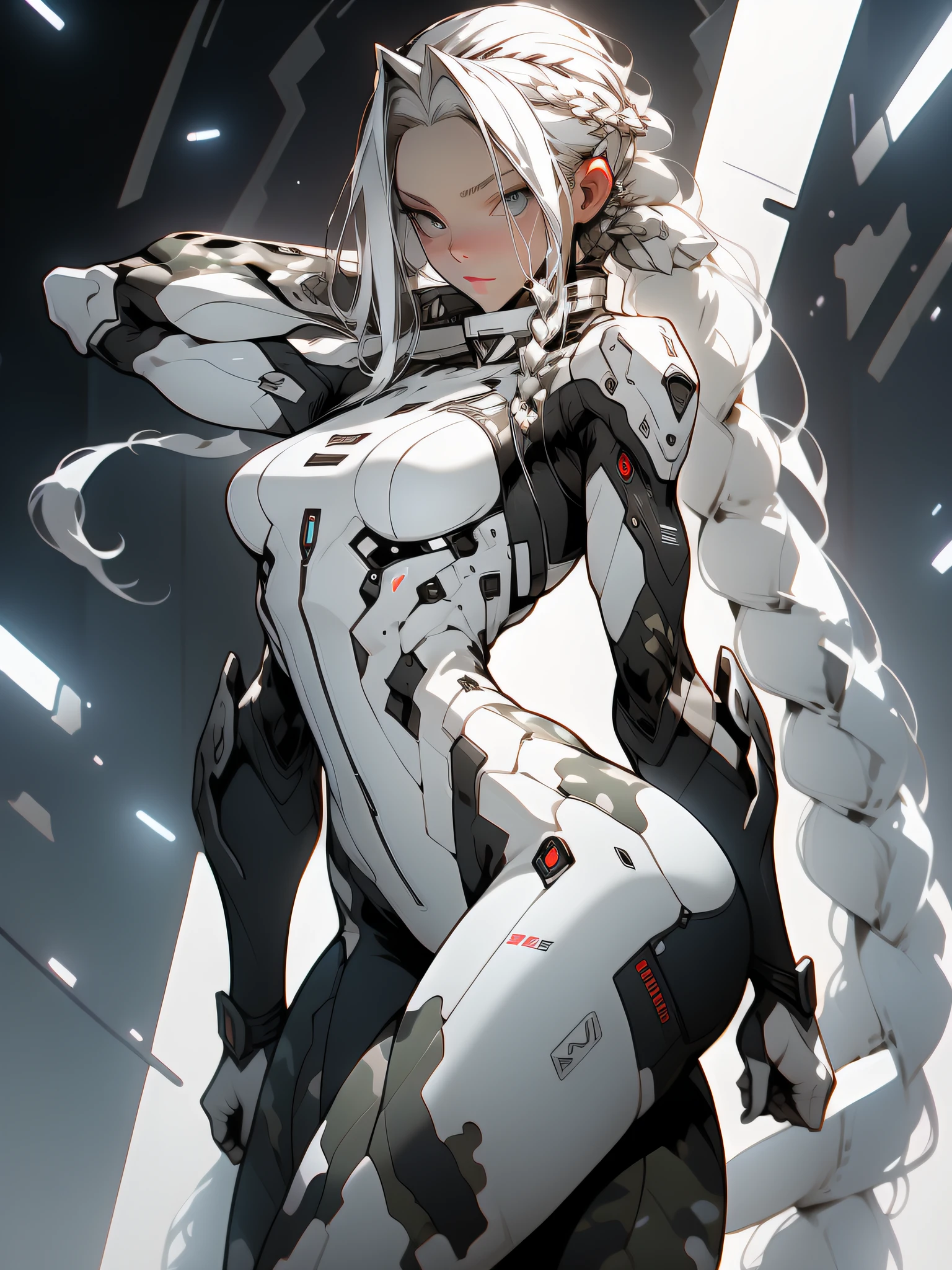 ((Best quality)), ((masterpiece)), (detailed: 1.4), (Absurd), War-ready female fighter pilot with military helmet, Marine, dark skin, defined muscular sculptural body, full body, bare half-thick thighs, closed mouth, muscular body covered in technological clothing, cyberpunk, semi naked, generous neckline, ((perfect medium breasts)), (super light blue eyes without pupils), (((military camouflage clothing)),  (((white hair with braid)))), long eyelashes heavy makeup, garter belt, by mucha, niji --V5, close to real, psychopathic, crazy face, sexy pose, background with a giant head of Neon style robot Genesis evangelion, 2 piece clothing, shoulder pads with airplane wings, pastel, centered, scale to fit the dimensions, HDR (High Dynamic Range),Ray Tracing, NVIDIA RTX,Super-Resolution,Unreal 5,Subsurface Dispersion, PBR Texture, Post-processing, Anisotropic filtering, Depth of field, Maximum clarity and sharpness, Multilayer textures, Albedo and specular maps, Surface shading, Accurate simulation of light-material interaction, Perfect proportions, Octane Render, Two-tone lighting, Wide aperture, Low ISO, White balance, Rule of thirds, 8K RAW, crysisnanosuit