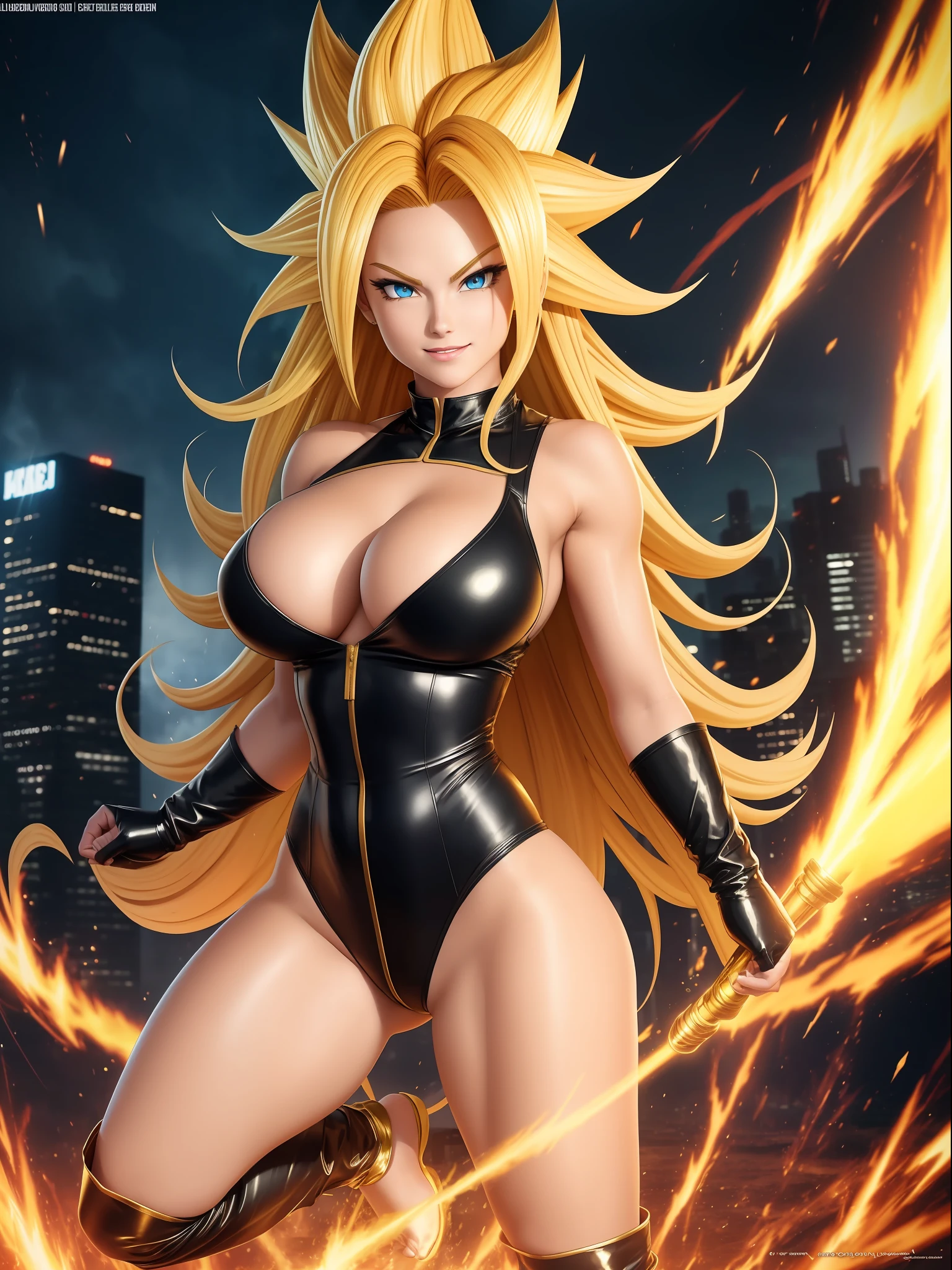 ((Full body photo, feet on the ground, straight body)), ((Laura/woman, big breasts, extremely beautiful)), {transformed into Super Saiyan 3} wearing Gogeta's costume/extremely tight on her body, emanating golden magic aura circling furiously around her body. Background, city completely destroyed at night raining hard. She has {blue eyes, golden fulfilled hair from Super Saiyan 3} her hair, face and her outfit are soaked in water, She is staring at the viewer, smiling, fists clenched, concentrating magical aura, in front attack pose. Dragon Ball , high detail, anime, 16k, UHD, retina, retina, ccurate, anatomically correct, textured skin, super detail, high quality, award winning