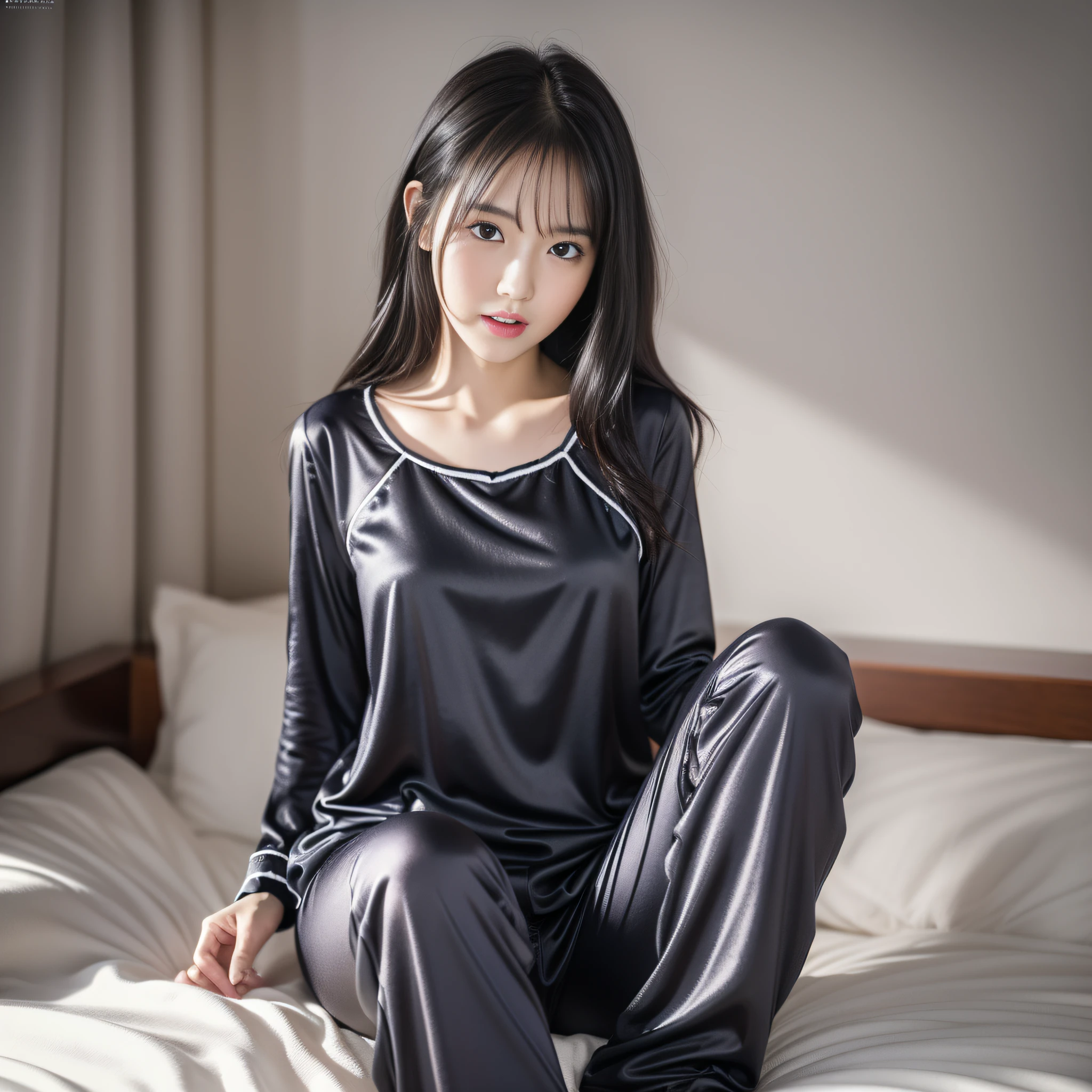 best quality, masterpiece, ultra high res, 8K, raw, (photo realistic:1.4), physically-based rendering, depth of field, looking at viewers, slender, (sitting:1.1), in the bed room, detailed beautiful face, 1 girl, cute, young, nose blush, big black eyes, open mouth, black hair, detailed clothes, (pajamas:1.3), no shoes ,pureerosface_v1,