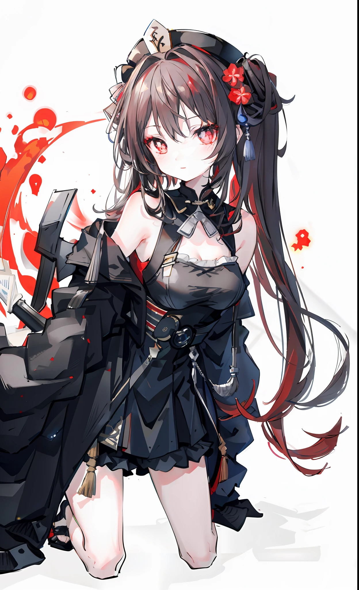 (Masterpiece: 1.3), (Best Quality), 1 Girl, Big Tits, Very Detailed Red Eyes, Very Detailed Face, White Background, High Resolution, Ridiculous, Smile, Standing, Very Detailed, Looking at the Audience, Cowboy Shot, Solo, Bright Colors, Hu Tao (Genshin Impact), Symbol-shaped Pupil, Hat, Long Brown Hair, Bangs, Double Tail, Flower-shaped Pupils, Black Coat, Coat, Black Shorts, Red Shirt, Arms Behind Back, Sexy, Broken, Kneeling