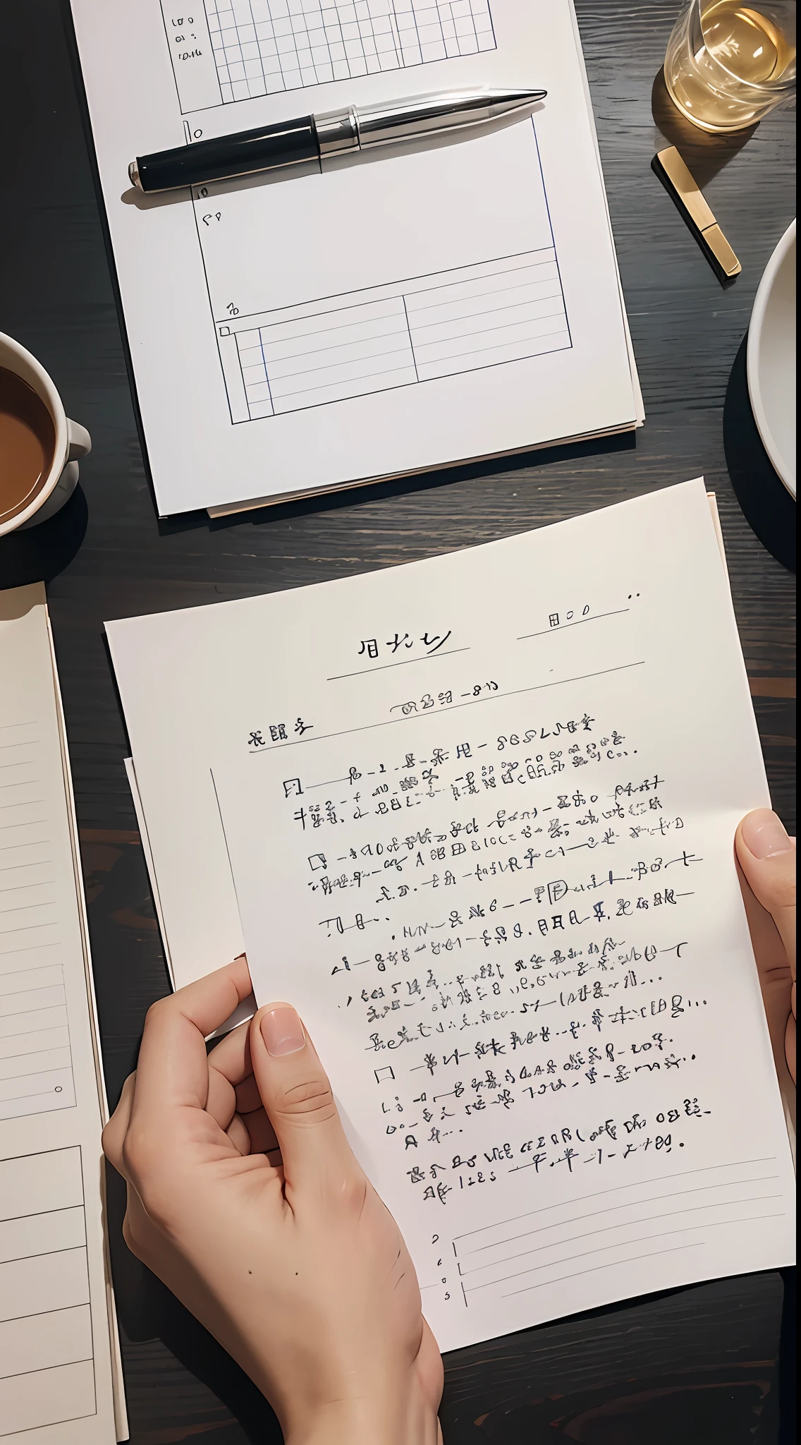 A blank piece of paper, densely written on the paper, is holding the paper in one hand