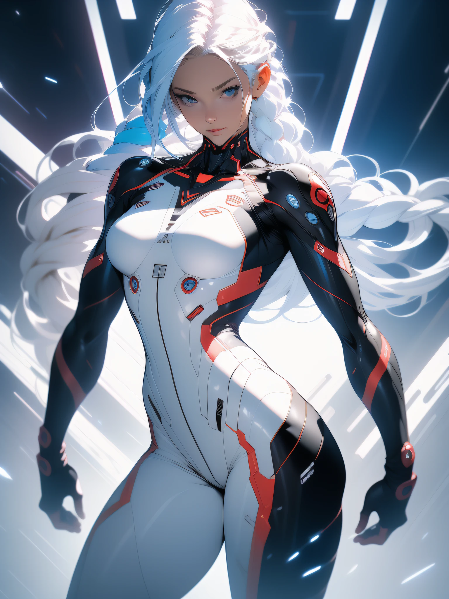 ((Best quality)), ((masterpiece)), (detailed: 1.4), (Absurd), War-ready female fighter pilot, dark skin, flash dc comics, lightning and lightning, muscular sculptural body defined, full body, half-thick naked thighs, closed mouth, muscular body covered in technological clothing, Neon Genesis Evangelion style, cyberpunk, generous neckline, ((perfect medium breasts)), (super light blue eyes without pupils), ((white and dark red clothing)), (((white hair with braid))), long eyelashes heavy makeup, garter belt, by mucha, niji --V5, close to real, psychopathic, crazy face, sexy pose, background with a giant head of Genesis evangelion neon style robot, 2 pieces clothing, shoulder pads with airplane wings, pastel, centered, scale to fit the dimensions, HDR (High Dynamic Range), Ray Tracing,NVIDIA RTX,Super-Resolution,Unreal 5,Subsurface Dispersion, PBR Texture, Post-processing, Anisotropic Filtering, Depth of Field, Maximum Clarity and Sharpness, Multilayer Textures, Albedo and Specular Maps, Surface Shading, Accurate Simulation of Light-Material Interaction, Perfect Proportions, Octane Render, Two-Tone Lighting, Wide Aperture, Low ISO, White Balance, Rule of Thirds, 8K RAW, Crysisnanosuit