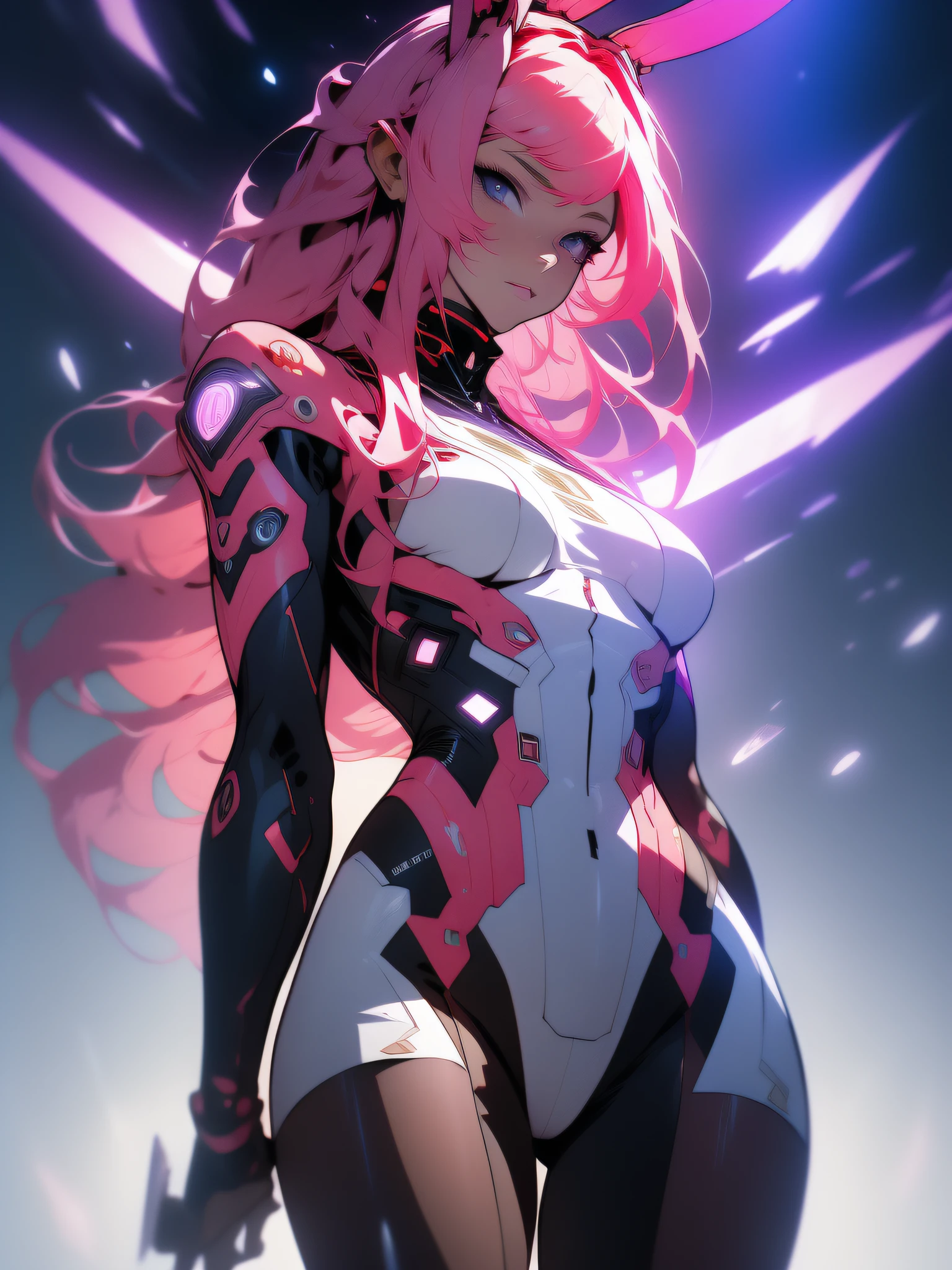 ((Best quality)), ((masterpiece)), (detailed: 1.4), (Absurd), War-ready female fighter pilot, dark skin, flash dc comics, lightning and lightning, muscular sculptural body defined, half-thick naked thighs, closed mouth, muscular body covered in technological clothing, Neon Genesis Evangelion style, cyberpunk, generous neckline, ((perfect medium breasts)), (super light blue eyes without pupils), ((dark red clothing)), (((pink hair fulfilled rabbit ears with bangs over the forehead)))), long eyelashes heavy makeup, garter belt, by mucha, niji --V5, close to real, psychopathic, crazy face, sexy pose, background with a giant head of Robot neon style Genesis evangelion, clothing 2 pieces, shoulder pads with airplane wings, pastel, centered, scale to fit the dimensions, HDR (High Dynamic Range),Ray Tracing,NVIDIA RTX,Super-Resolution,Unreal 5,Subsurface Dispersion, PBR Texture, Post-processing, Anisotropic filtering, Depth of field, Maximum clarity and sharpness, Multilayer textures, Albedo and specular maps, Surface shading, Accurate simulation of light-material interaction, Perfect proportions, Octane Render, Two-tone lighting, Wide aperture, Low ISO, White balance, Rule of thirds, 8K RAW, crysisnanosuit