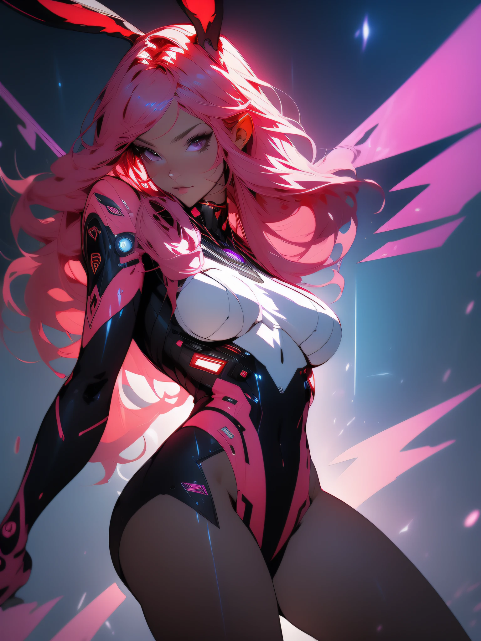 ((Best quality)), ((masterpiece)), (detailed: 1.4), (Absurd), War-ready female fighter pilot, dark skin, flash dc comics, lightning and lightning, muscular sculptural body defined, half-thick naked thighs, closed mouth, muscular body covered in technological clothing, Neon Genesis Evangelion style, cyberpunk, generous neckline, ((perfect medium breasts)), (super light blue eyes without pupils), ((dark red clothing)), (((pink hair fulfilled rabbit ears with bangs over the forehead)))), long eyelashes heavy makeup, garter belt, by mucha, niji --V5, close to real, psychopathic, crazy face, sexy pose, background with a giant head of Robot neon style Genesis evangelion, clothing 2 pieces, shoulder pads with airplane wings, pastel, centered, scale to fit the dimensions, HDR (High Dynamic Range),Ray Tracing,NVIDIA RTX,Super-Resolution,Unreal 5,Subsurface Dispersion, PBR Texture, Post-processing, Anisotropic filtering, Depth of field, Maximum clarity and sharpness, Multilayer textures, Albedo and specular maps, Surface shading, Accurate simulation of light-material interaction, Perfect proportions, Octane Render, Two-tone lighting, Wide aperture, Low ISO, White balance, Rule of thirds, 8K RAW, crysisnanosuit