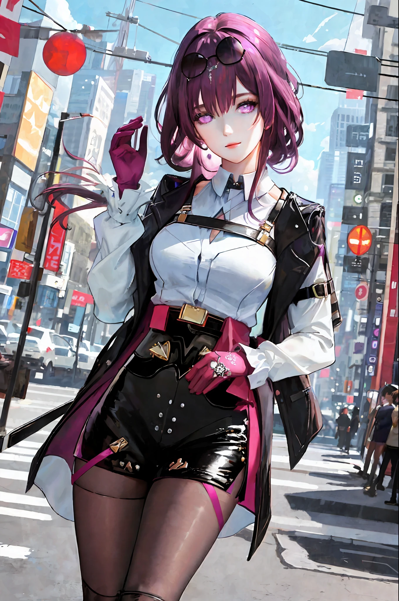 masterpiece, best quality,kfk, 1girl, bangs, bare_shoulders, skirt, breasts, gloves, jewelry, large_breasts, long_hair, long_sleeves, pantyhose, purple_eyes, purple_hair, shirt, solo,viewer,sunglasses,bikini, (sun, cloud,renaissance city around water,outdoors :1.1),rendered in blender((isometric)),