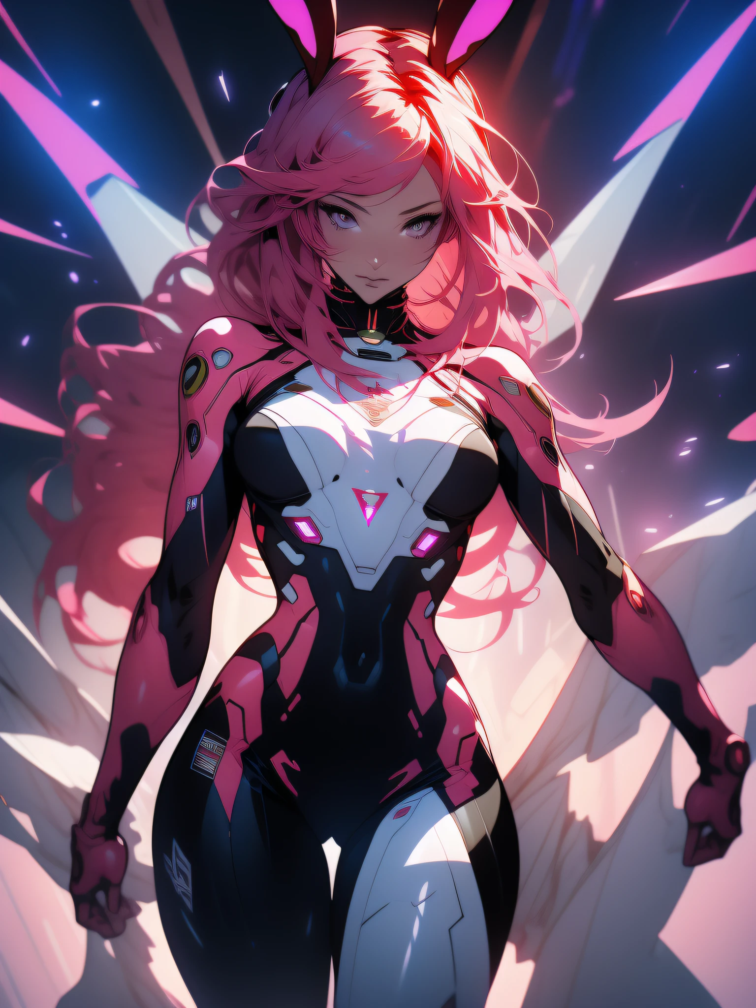 ((Best quality)), ((masterpiece)), (detailed: 1.4), (Absurd), War-ready female fighter pilot, dark skin, flash dc comics, lightning and lightning, muscular sculptural body defined, half-thick naked thighs, closed mouth, muscular body covered in technological clothing, Neon Genesis Evangelion style, cyberpunk, generous neckline, ((perfect medium breasts)), (super light blue eyes without pupils), ((dark red clothing)), (((pink hair fulfilled rabbit ears with bangs over the forehead)))), long eyelashes heavy makeup, garter belt, by mucha, niji --V5, close to real, psychopathic, crazy face, sexy pose, background with a giant head of Robot neon style Genesis evangelion, clothing 2 pieces, shoulder pads with airplane wings, pastel, centered, scale to fit the dimensions, HDR (High Dynamic Range),Ray Tracing,NVIDIA RTX,Super-Resolution,Unreal 5,Subsurface Dispersion, PBR Texture, Post-processing, Anisotropic filtering, Depth of field, Maximum clarity and sharpness, Multilayer textures, Albedo and specular maps, Surface shading, Accurate simulation of light-material interaction, Perfect proportions, Octane Render, Two-tone lighting, Wide aperture, Low ISO, White balance, Rule of thirds, 8K RAW, crysisnanosuit