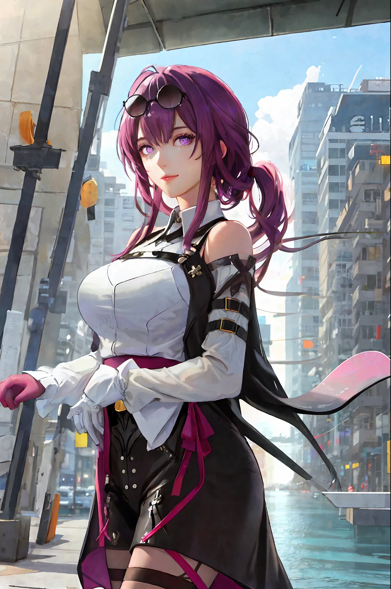 masterpiece, best quality,kfk, 1girl, bangs, bare_shoulders, skirt, breasts, gloves, jewelry, large_breasts, long_hair, long_sleeves, pantyhose, purple_eyes, purple_hair, shirt, solo,viewer,sunglasses,bikini, (sun, cloud,renaissance city around water,outdoors :1.1),rendered in blender((isometric)),