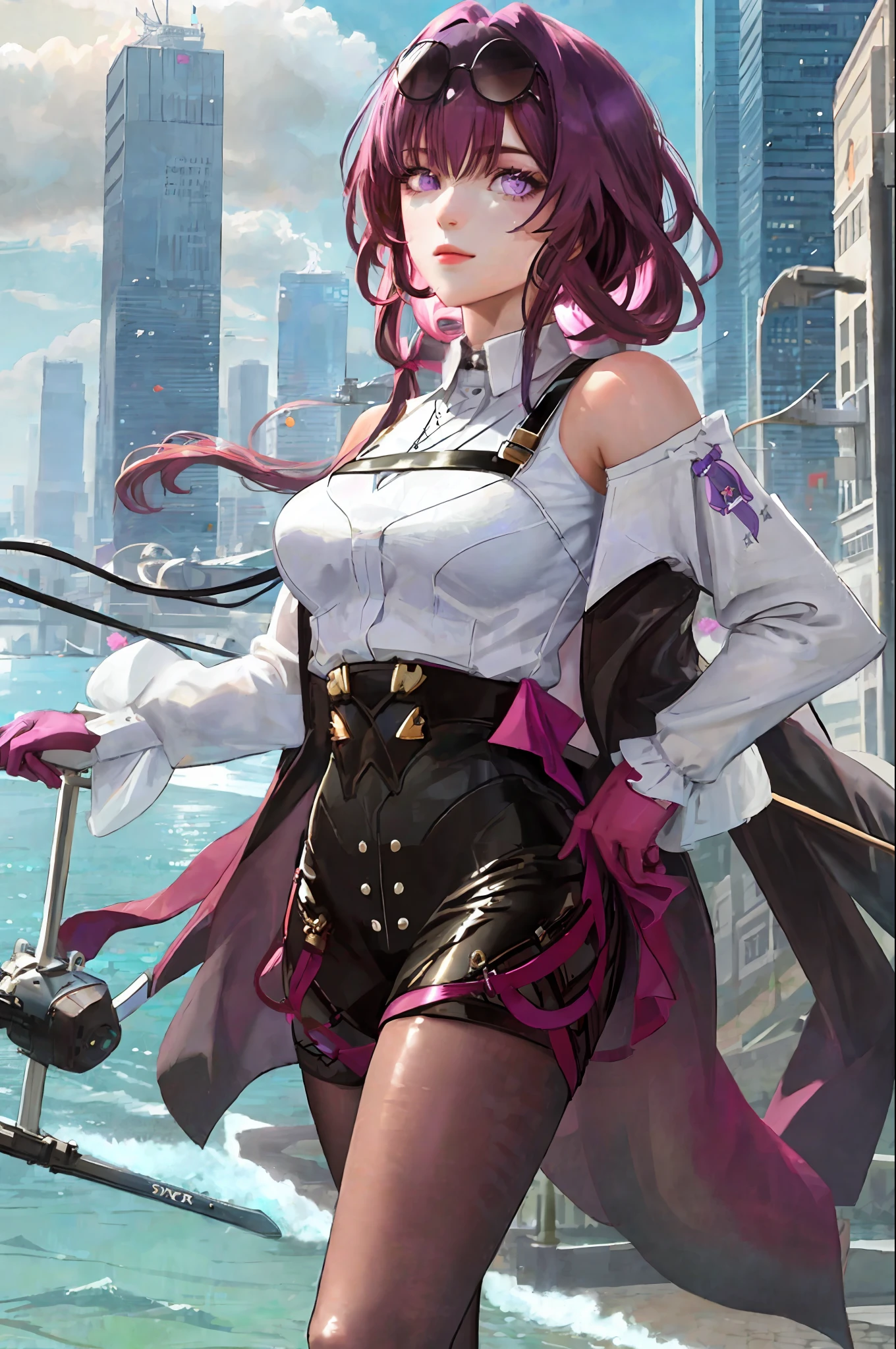 masterpiece, best quality,kfk, 1girl, bangs, bare_shoulders, skirt, breasts, gloves, jewelry, large_breasts, long_hair, long_sleeves, pantyhose, purple_eyes, purple_hair, shirt, solo,viewer,sunglasses,bikini, (sun, cloud,renaissance city around water,outdoors :1.1),rendered in blender((isometric)),