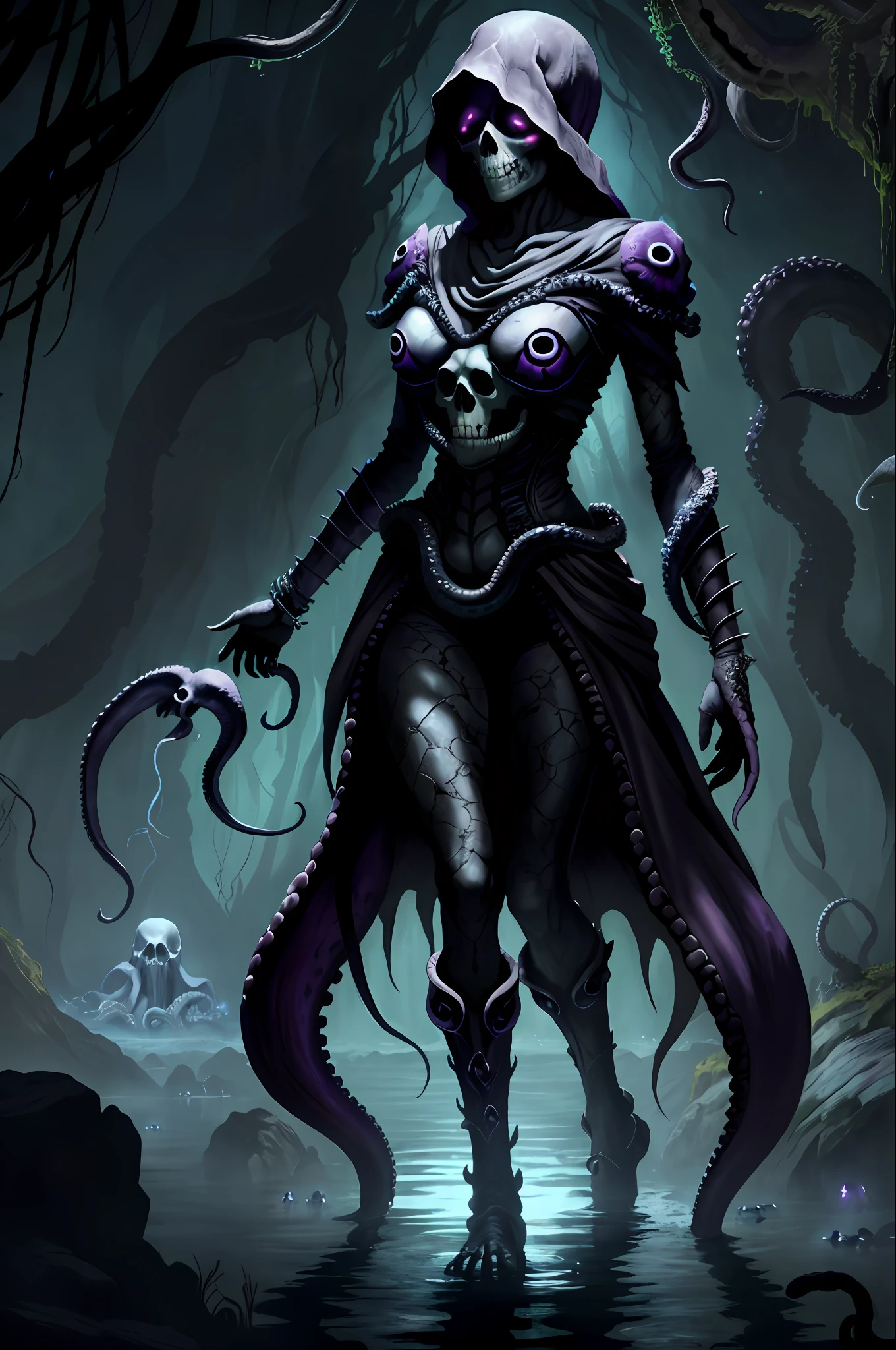 Exu umbanda zrpgstyle, from_side from_below eldritch monster of the dark swamp (skull face:1.2) creature with (octopus tentacles:1.2) coming out of the water slime climbers moss stirring water fireflies backlight in the midnight moonlight (masterpiece:1.2) (best quality) (detailed) (intricate) (8k) (HDR) (wallpaper) (cinematic lighting) (sharp focus)