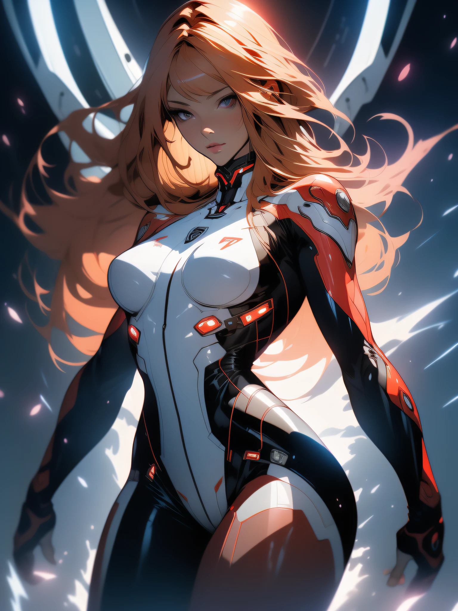 ((Best quality)), ((masterpiece)), (detailed: 1.4), (Absurd), War-ready female fighter pilot, dark skin, flash dc comics, lightning and lightning, muscular sculptural body defined, half-thick naked thighs, closed mouth, muscular body covered in technological clothing, Neon Genesis Evangelion style, cyberpunk, generous neckline, ((perfect medium breasts)), (super light blue eyes without pupils), ((dark red clothing)), (((blonde hair fulfilled super straight and drained with heavy bangs over the forehead)))), long eyelashes heavy makeup, garter belt, by mucha, niji --V5, close to real, psychopath, crazy face, sexy pose, background with a giant head of Robot neon style Genesis evangelion, 2 piece clothing, shoulder pads with airplane wings, pastel, centered, scale to fit the dimensions, HDR (High Dynamic Range),Ray Tracing,NVIDIA RTX,Super-Resolution,Unreal 5,Subsurface Dispersion, PBR Texture, Post-processing, Anisotropic filtering, Depth of field, Maximum clarity and sharpness, Multilayer textures, Albedo and specular maps, Surface shading, Accurate simulation of light-material interaction, Perfect proportions, Octane Render, Two-tone lighting, Wide aperture, Low ISO, White balance, Rule of thirds, 8K RAW, crysisnanosuit