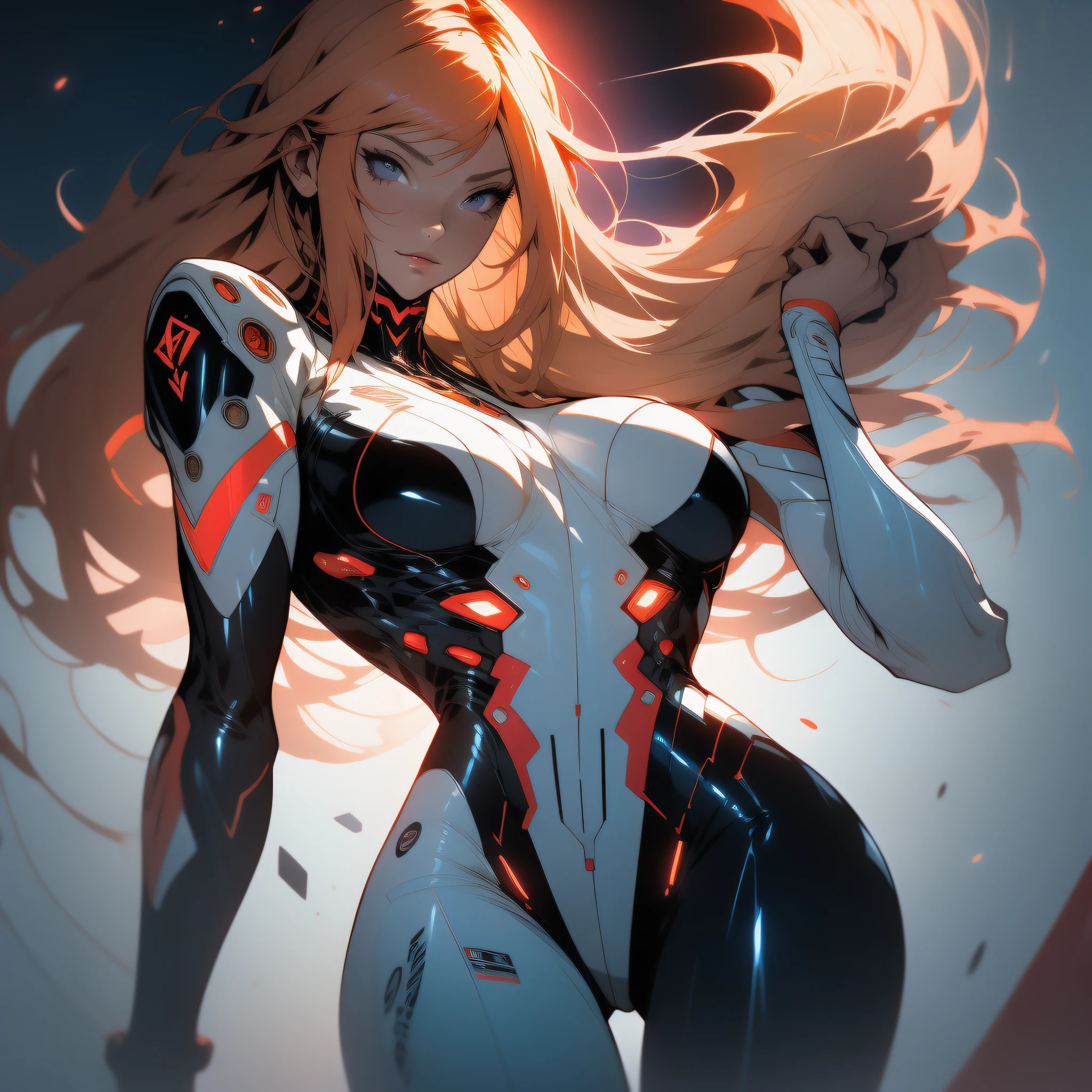 ((Best quality)), ((masterpiece)), (detailed: 1.4), (Absurd), War-ready female fighter pilot, dark skin, flash dc comics, lightning and lightning, muscular sculptural body defined, half-thick naked thighs, closed mouth, muscular body covered in technological clothing, Neon Genesis Evangelion style, cyberpunk, generous neckline, ((perfect medium breasts)), (super light blue eyes without pupils), ((dark red clothing)),  (((blonde hair fulfilled super straight and drained with heavy bangs over the forehead)))), long eyelashes heavy makeup, garter belt, by mucha, niji --V5, close to real, psychopath, crazy face, sexy pose, background with a giant head of Robot neon style Genesis evangelion, 2 piece clothing, shoulder pads with airplane wings, pastel, centered, scale to fit the dimensions,  HDR (High Dynamic Range),Ray Tracing,NVIDIA RTX,Super-Resolution,Unreal 5,Subsurface Dispersion, PBR Texture, Post-processing, Anisotropic filtering, Depth of field, Maximum clarity and sharpness, Multilayer textures, Albedo and specular maps, Surface shading, Accurate simulation of light-material interaction, Perfect proportions, Octane Render, Two-tone lighting, Wide aperture, Low ISO, White balance, Rule of thirds,  8K RAW, crysisnanosuit