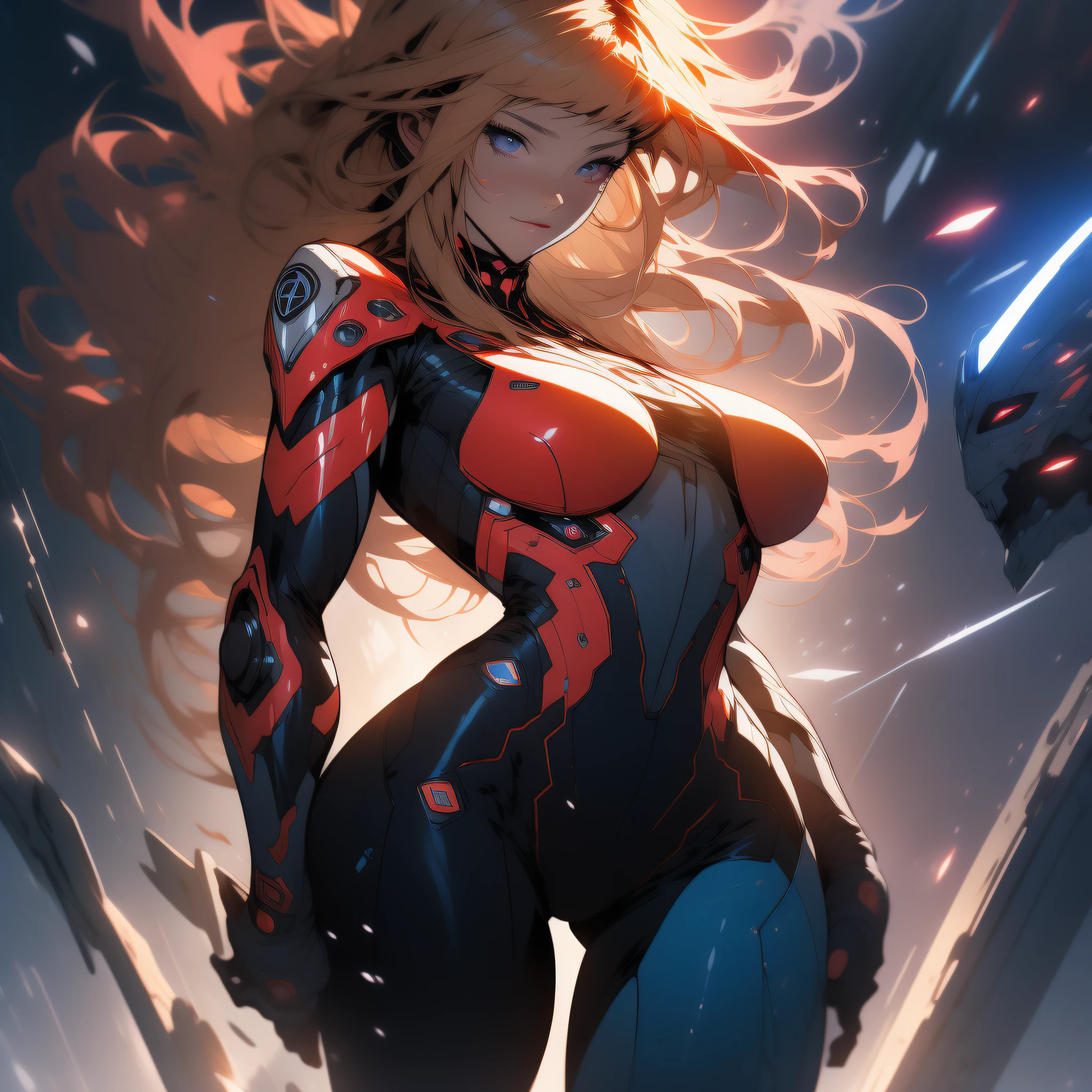 ((Best quality)), ((masterpiece)), (detailed: 1.4), (Absurd), War-ready female fighter pilot, dark skin, flash dc comics, lightning and lightning, muscular sculptural body defined, half-thick naked thighs, closed mouth, muscular body covered in technological clothing, Neon Genesis Evangelion style, cyberpunk, generous neckline, ((perfect medium breasts)), (super light blue eyes without pupils), ((dark red clothing)), (((blonde hair fulfilled super straight and drained with heavy bangs over the forehead)))), long eyelashes heavy makeup, garter belt, by mucha, niji --V5, close to real, psychopath, crazy face, sexy pose, background with a giant head of Robot neon style Genesis evangelion, 2 piece clothing, shoulder pads with airplane wings, pastel, centered, scale to fit the dimensions, HDR (High Dynamic Range),Ray Tracing,NVIDIA RTX,Super-Resolution,Unreal 5,Subsurface Dispersion, PBR Texture, Post-processing, Anisotropic filtering, Depth of field, Maximum clarity and sharpness, Multilayer textures, Albedo and specular maps, Surface shading, Accurate simulation of light-material interaction, Perfect proportions, Octane Render, Two-tone lighting, Wide aperture, Low ISO, White balance, Rule of thirds, 8K RAW, crysisnanosuit