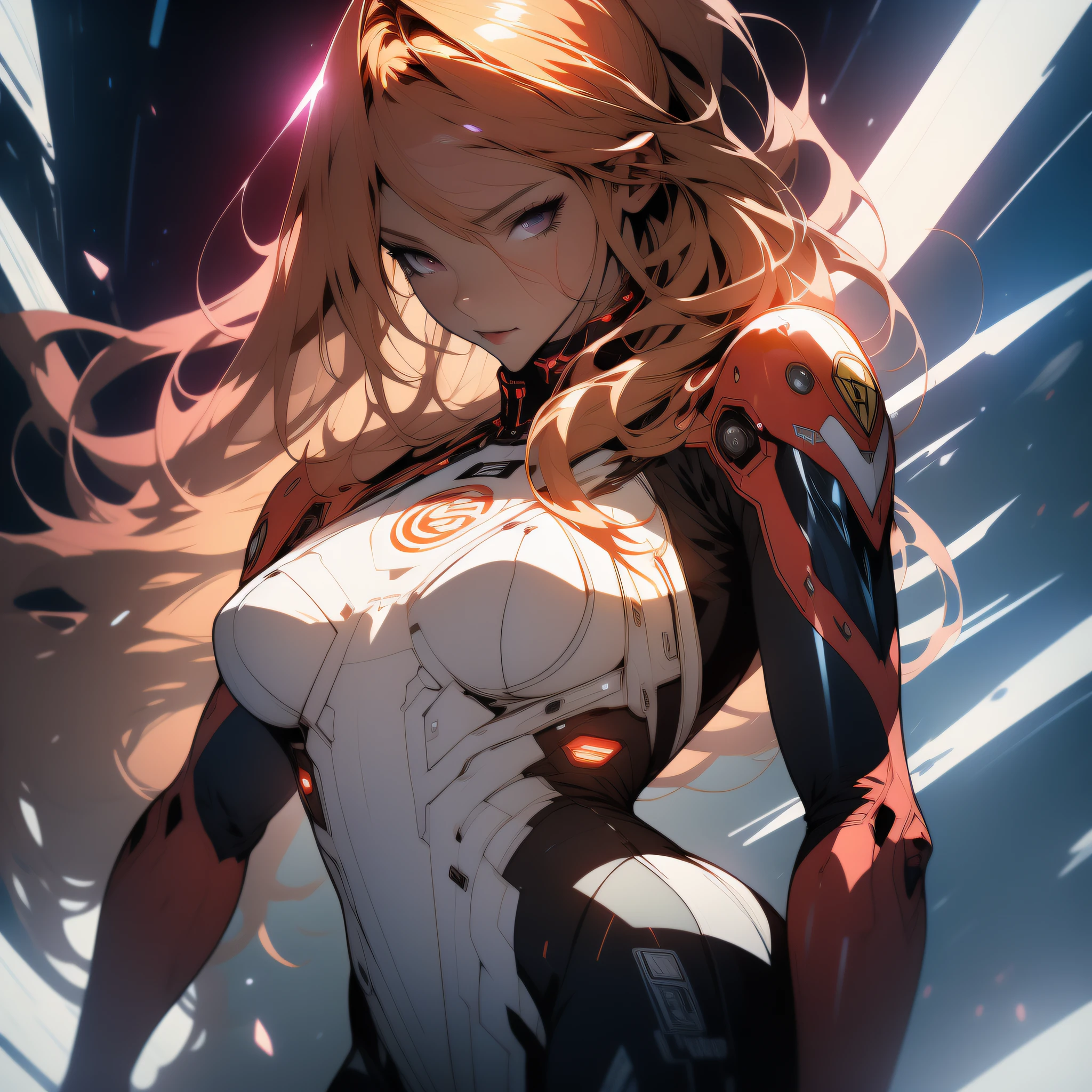 ((Best quality)), ((masterpiece)), (detailed: 1.4), (Absurd), War-ready female fighter pilot, dark skin, flash dc comics, lightning and lightning, muscular sculptural body defined, half-thick naked thighs, closed mouth, muscular body covered in technological clothing, Neon Genesis Evangelion style, cyberpunk, generous neckline, ((perfect medium breasts)), (super light blue eyes without pupils), ((dark red clothing)), (((blonde hair fulfilled super straight and drained with heavy bangs over the forehead)))), long eyelashes heavy makeup, garter belt, by mucha, niji --V5, close to real, psychopath, crazy face, sexy pose, background with a giant head of Robot neon style Genesis evangelion, 2 piece clothing, shoulder pads with airplane wings, pastel, centered, scale to fit the dimensions, HDR (High Dynamic Range),Ray Tracing,NVIDIA RTX,Super-Resolution,Unreal 5,Subsurface Dispersion, PBR Texture, Post-processing, Anisotropic filtering, Depth of field, Maximum clarity and sharpness, Multilayer textures, Albedo and specular maps, Surface shading, Accurate simulation of light-material interaction, Perfect proportions, Octane Render, Two-tone lighting, Wide aperture, Low ISO, White balance, Rule of thirds, 8K RAW, crysisnanosuit