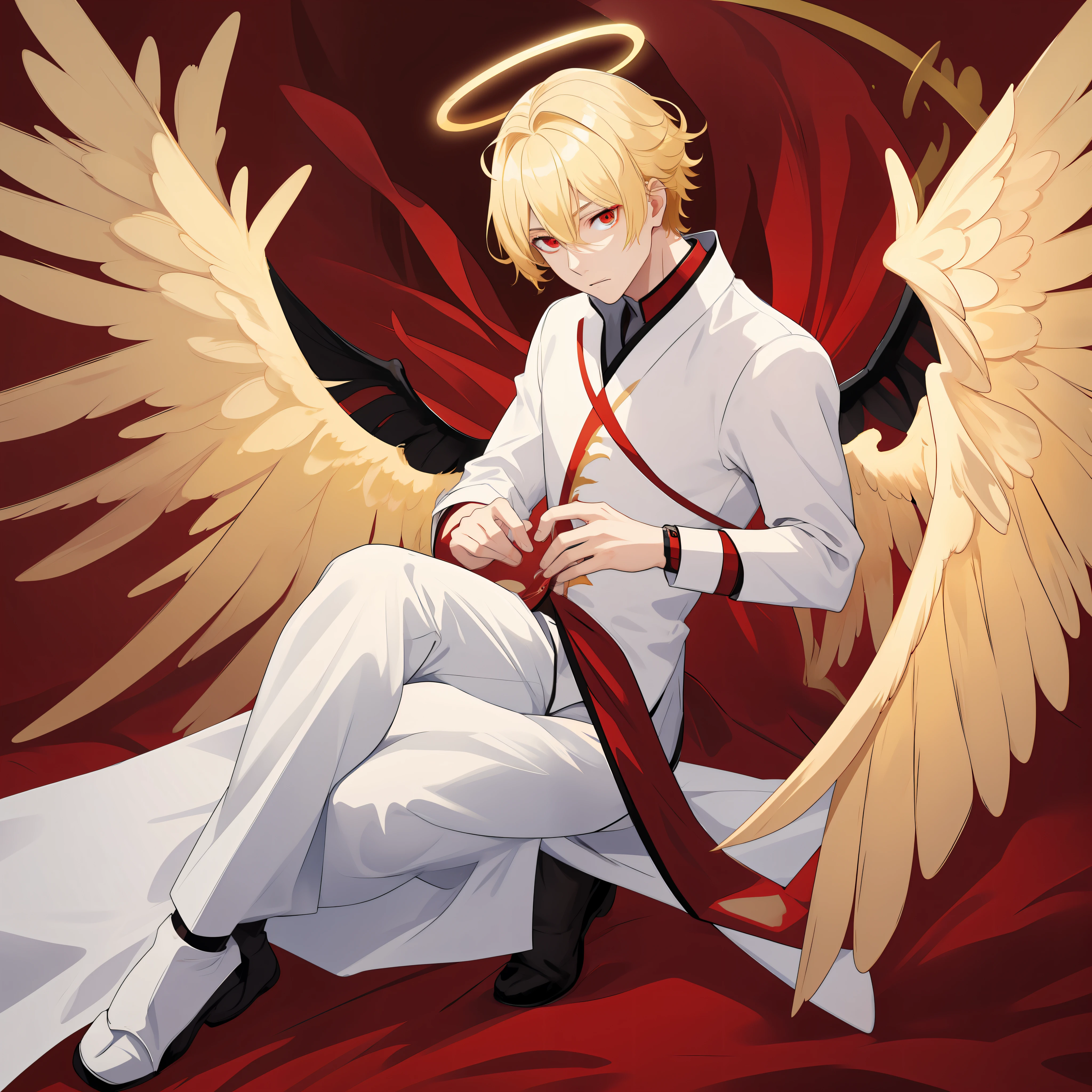 Masterpiece, best quality, blonde hair, red eyes, wings, halo, 1 boy, full body, simple background,眯眯眼
