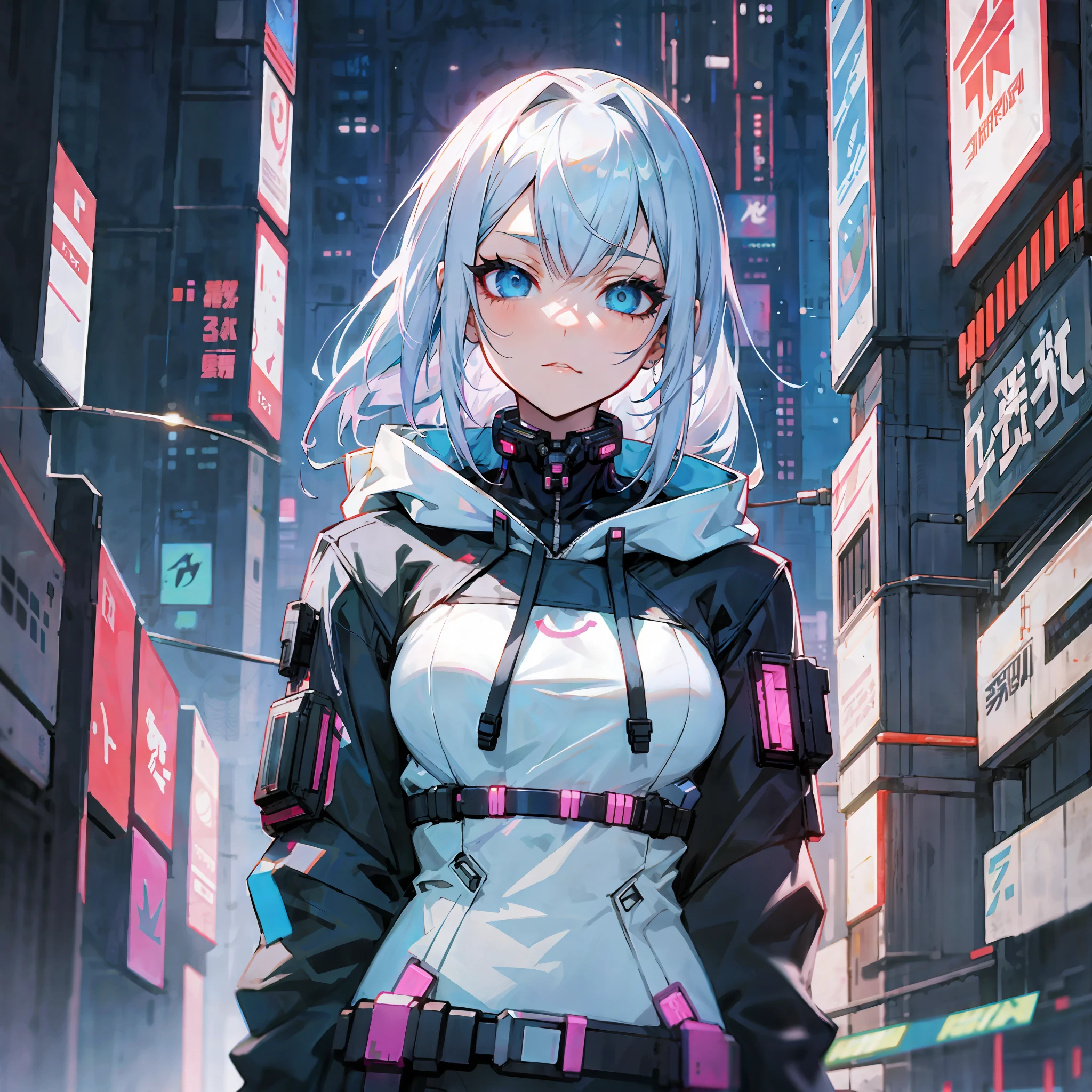anime girl with white hair and blue eyes in town, cyberpunk anime girl, digital cyberpunk anime art, female cyberpunk anime girl, digital cyberpunk - anime art, anime cyberpunk art, cyberpunk anime art, anime stylized digital art, cyberpunk anime girl in hoodie, portrait anime space cadet girl, modern cyberpunk anime, ayanamis, cyborg - girl with silver hair. Lucy from the anime cyberpunk