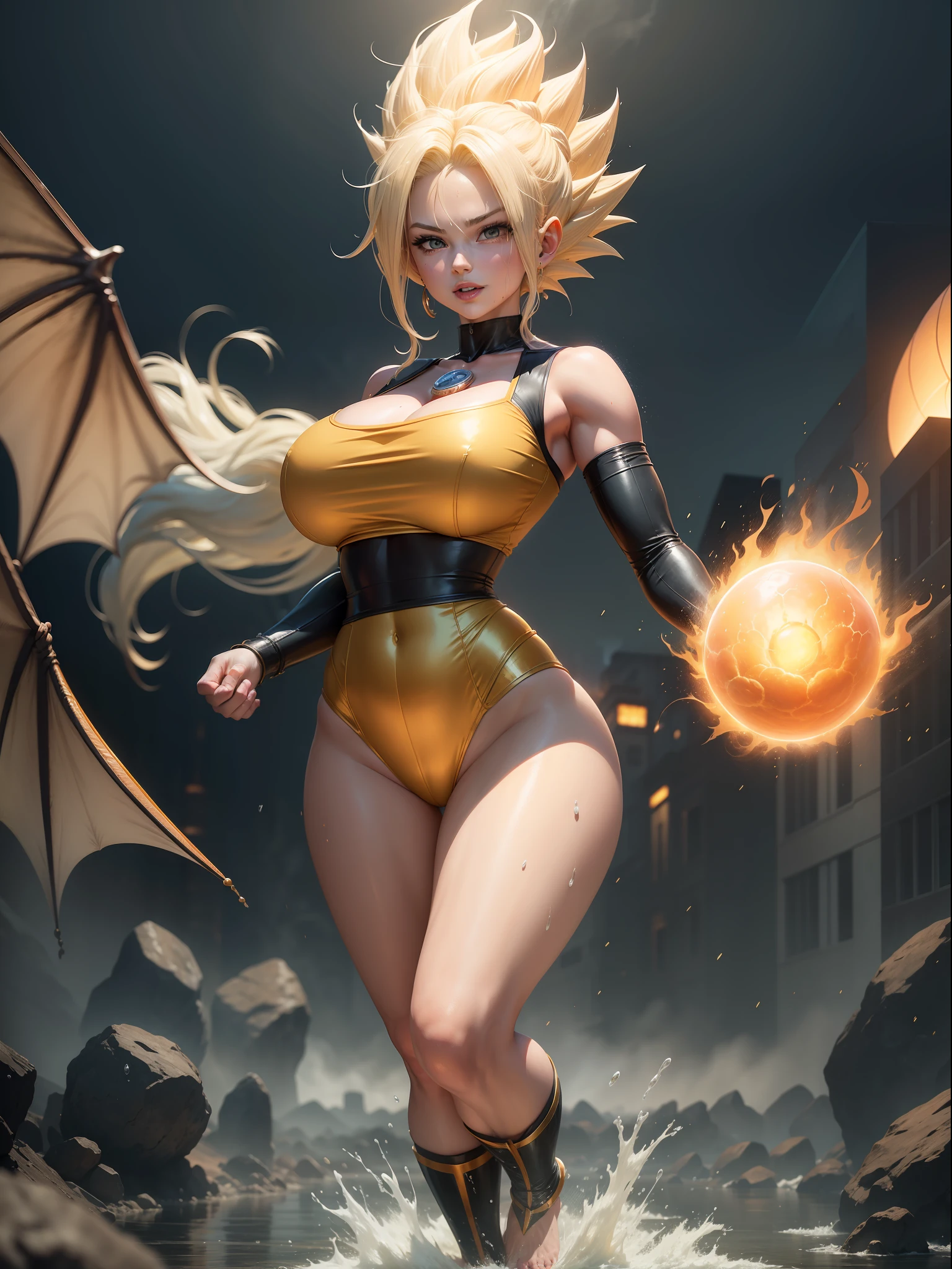 ((Full body photo, feet on the ground, straight body)), ((Laura/woman, big breasts, extremely beautiful)), {Super SaiyanUpper Sprint} wearing Goku child's costume/extremely tight on the body, emanating golden magic aura circling furiously around the body. Background, city completely destroyed at night raining hard. She has {silver eyes, white Super Saiyan hair} her hair, face and her outfit are soaked in water, She is staring at the viewer, smiling, fists clenched, concentrating magical aura, in a forward attack pose. ((Dragon Ball)) , high detail, anime, 16k, UHD, retina, retina, ccurate, anatomically correct, textured skin, super detail, high quality, award winning
