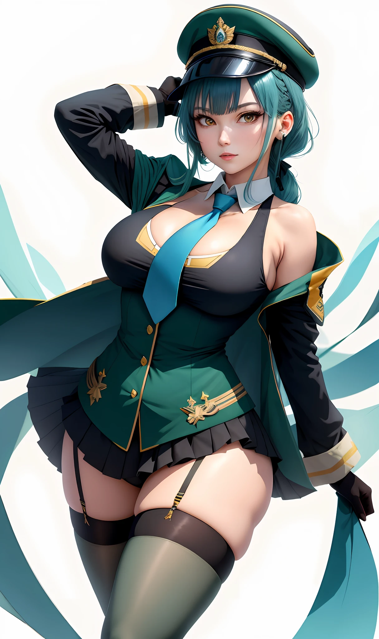 ((masterpiece, best quality)),military style,commdar unifrom female,)(with military unifrom hat)  military unifrom green drass ,(1girl),((mature female)), (beautiful face)(sunshine)lightblue hair,thighhighs, hairband, thighs, long sleeves, gloves,  bangs, dark golden yellow eyes, black hair, leotard, hair black, black hairband, shoulder cutout, black thighhighs, blue necktie, (large breasts:1.2), (busty),armpits, tying hair,confident, [wide hipsl, eula \(genshin impact\), pov