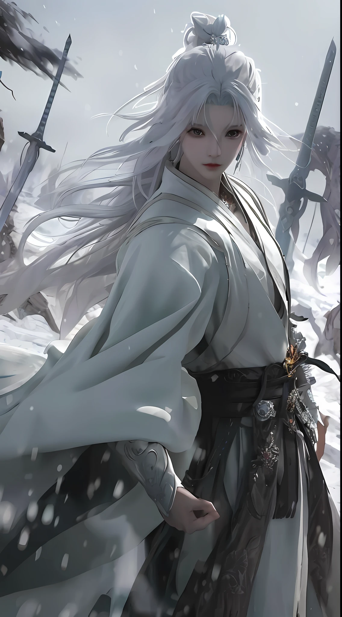 arafed image of a woman in a white robe and a sword, by Yang J, artwork in the style of guweiz, white haired deity, handsome guy in demon slayer art, beautiful character painting, by Fan Qi, god of winter, guweiz, flowing white robes, by Yang Jin, inspired by Chen Yifei