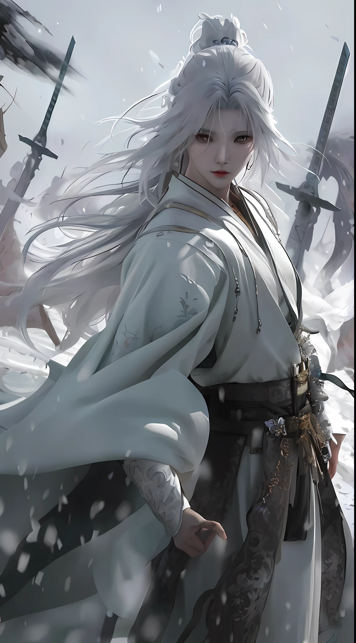arafed image of a woman in a white robe and a sword, by Yang J, artwork in the style of guweiz, white haired deity, handsome guy in demon slayer art, beautiful character painting, by Fan Qi, god of winter, guweiz, flowing white robes, by Yang Jin, inspired by Chen Yifei